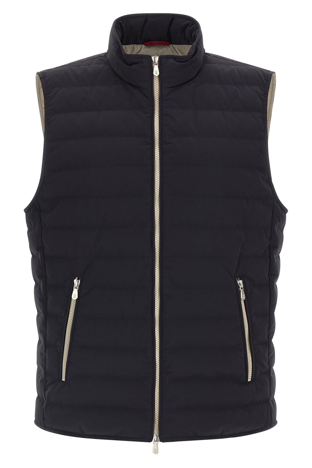 Brunello Cucinelli Quilted High Collar Sleeveless Vest With Side Zip Pockets In Blue
