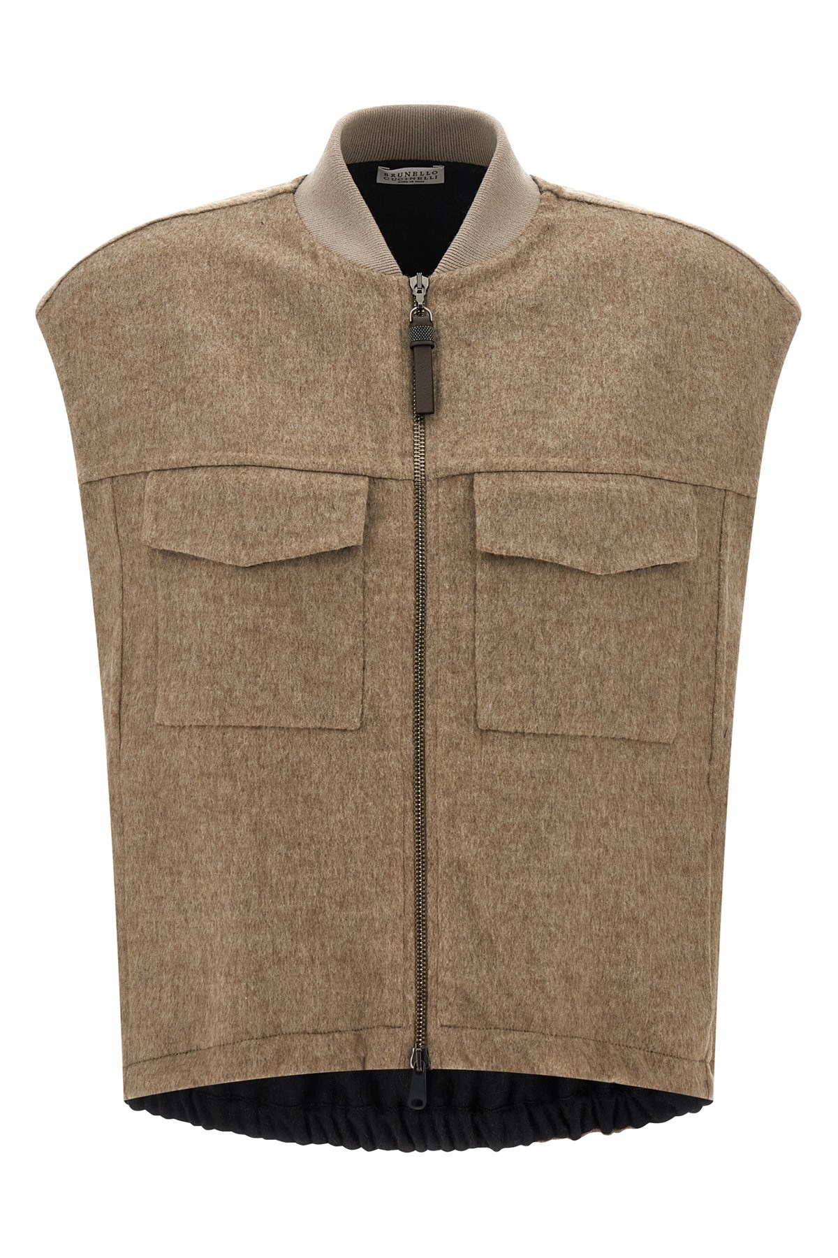 Brunello Cucinelli Vest With Shiny Zipper Pull In Sand