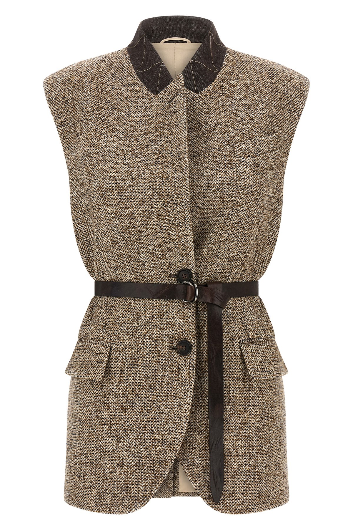 Brunello Cucinelli Waist Belted Lapel Sleeveless Textured Jacket In Brown