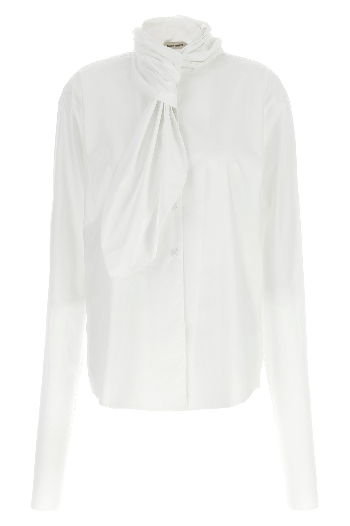 Alberta Ferretti Long Sleeve Collarless Shirt With Scarf Detail In White