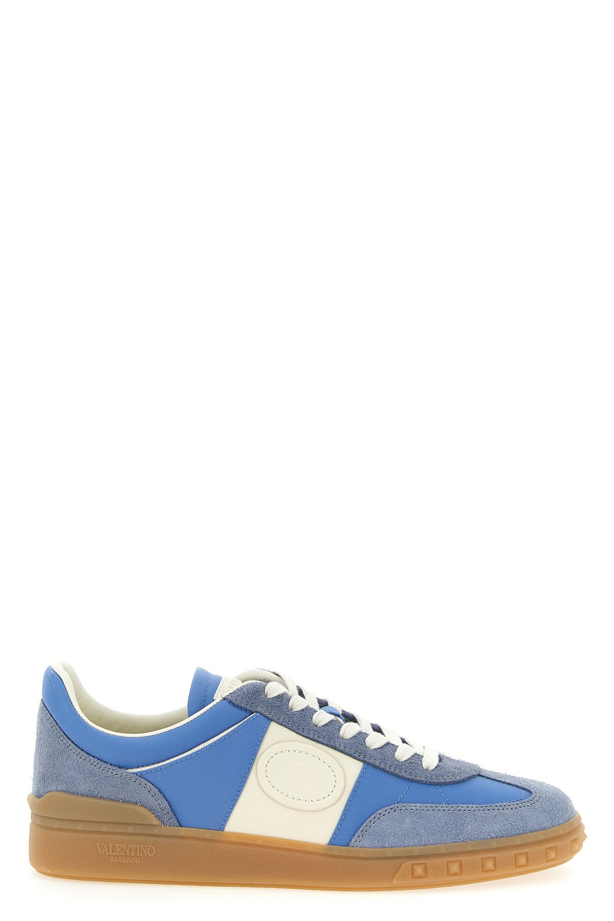 Valentino Garavani Upvillage Low Top Trainer In Crust Leather And Nylon In Blue