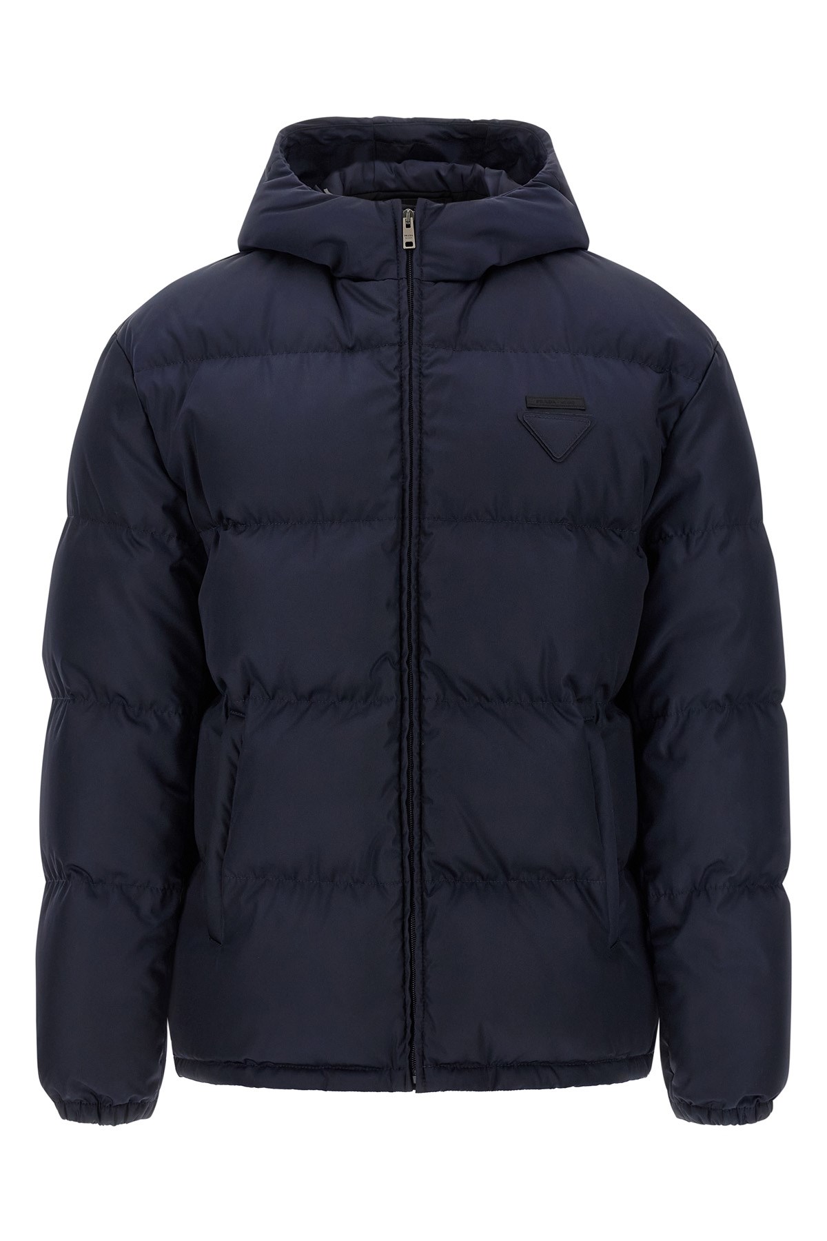 Prada Hooded Quilted Down Jacket With Side Pockets In Blue