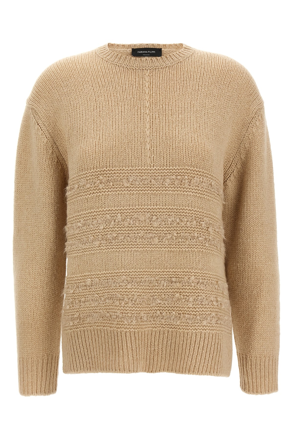 Fabiana Filippi Crew Neck Knit Sweater With Textured Insert In Sand