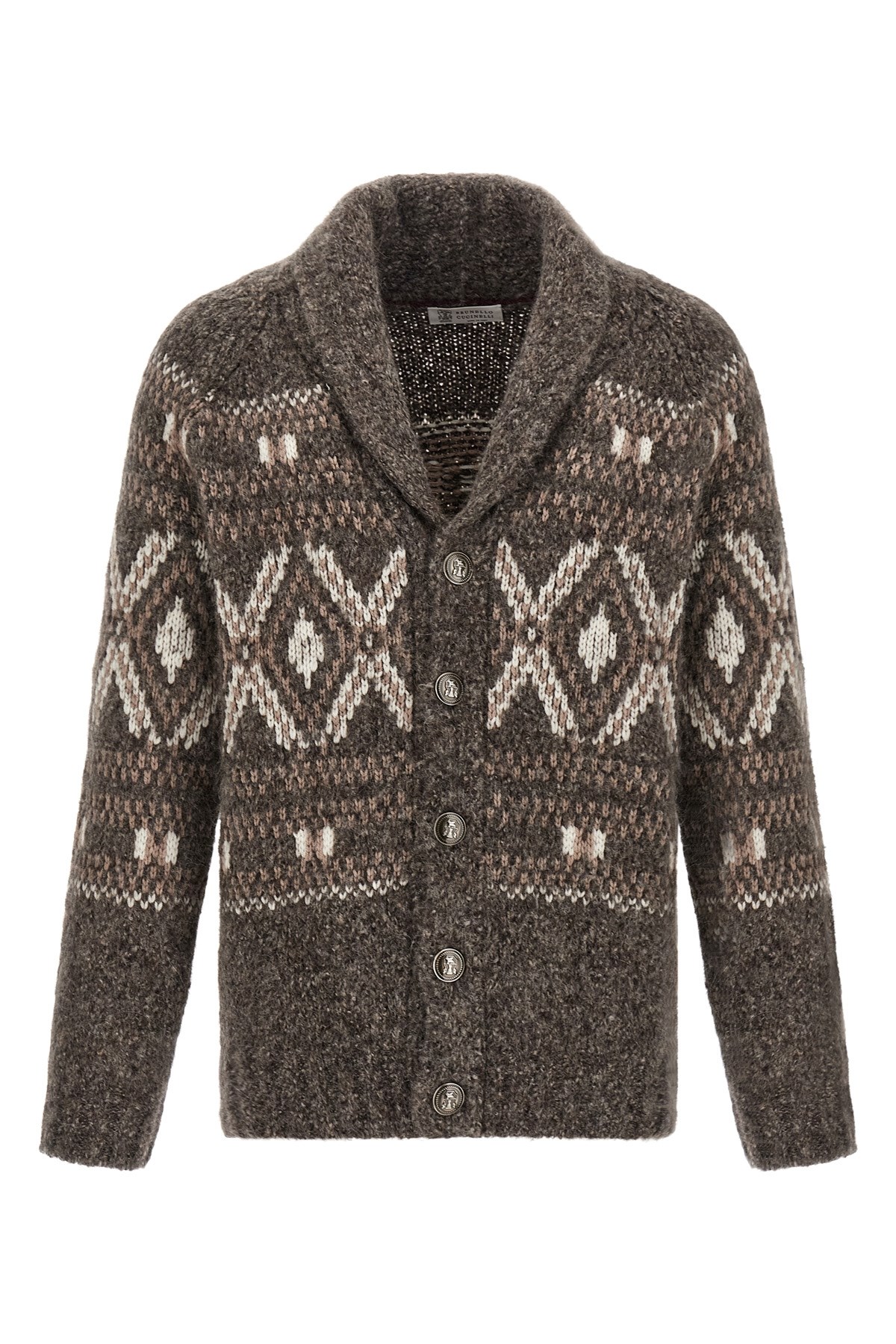 Brunello Cucinelli Wool Cardigan V-neck Geometric Pattern In Brown