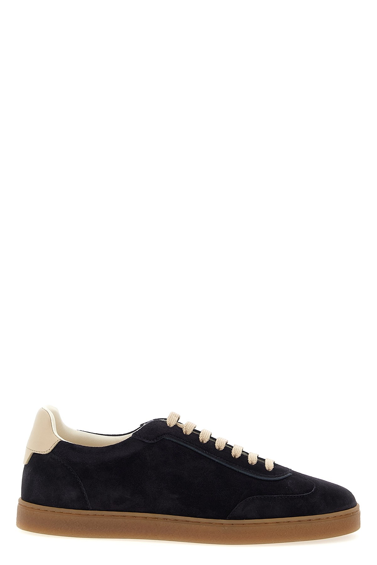 Brunello Cucinelli Washed Suede Sneakers With Contrast Leather Heel And Durable Latex Sole In Black