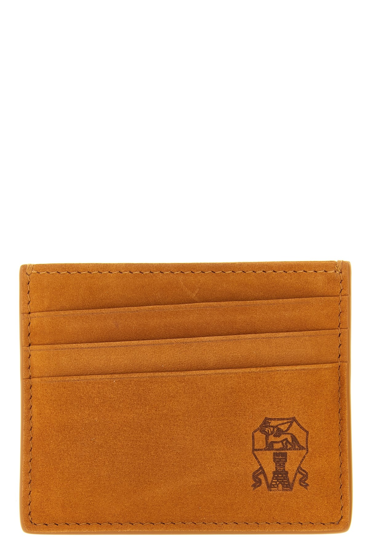 Brunello Cucinelli Brown Suede Card Holder With Embossed Logo In Orange