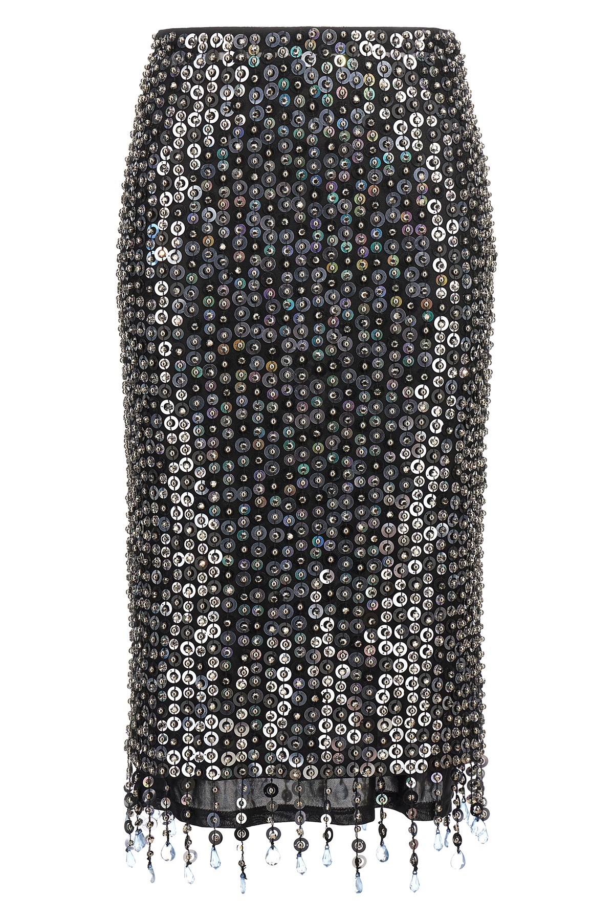 Pinko Fringed Black Sequined Midi Skirt With Removable Underskirt In Black