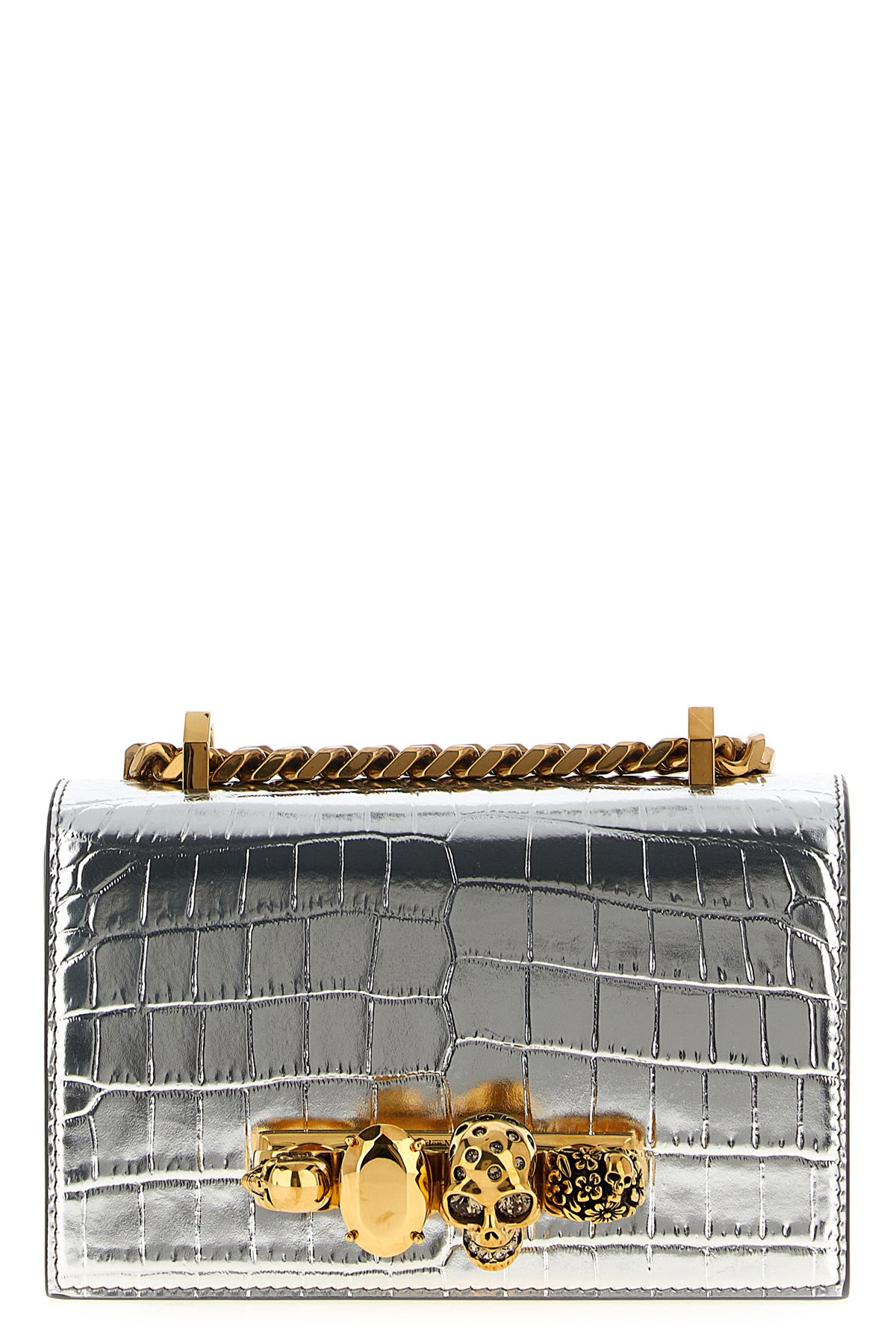 Alexander Mcqueen Mini Skull-embellished Crocodile-effect Crossbody Bag In Silver
