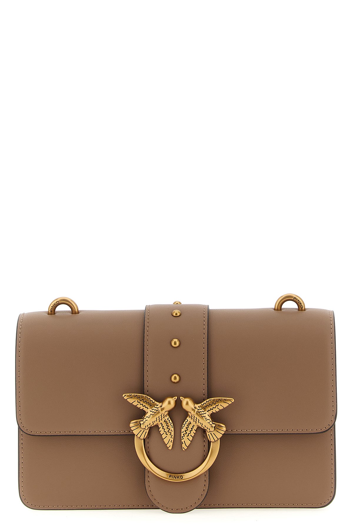 Pinko Beige Leather Shoulder Bag With Logo Buckle In Brown