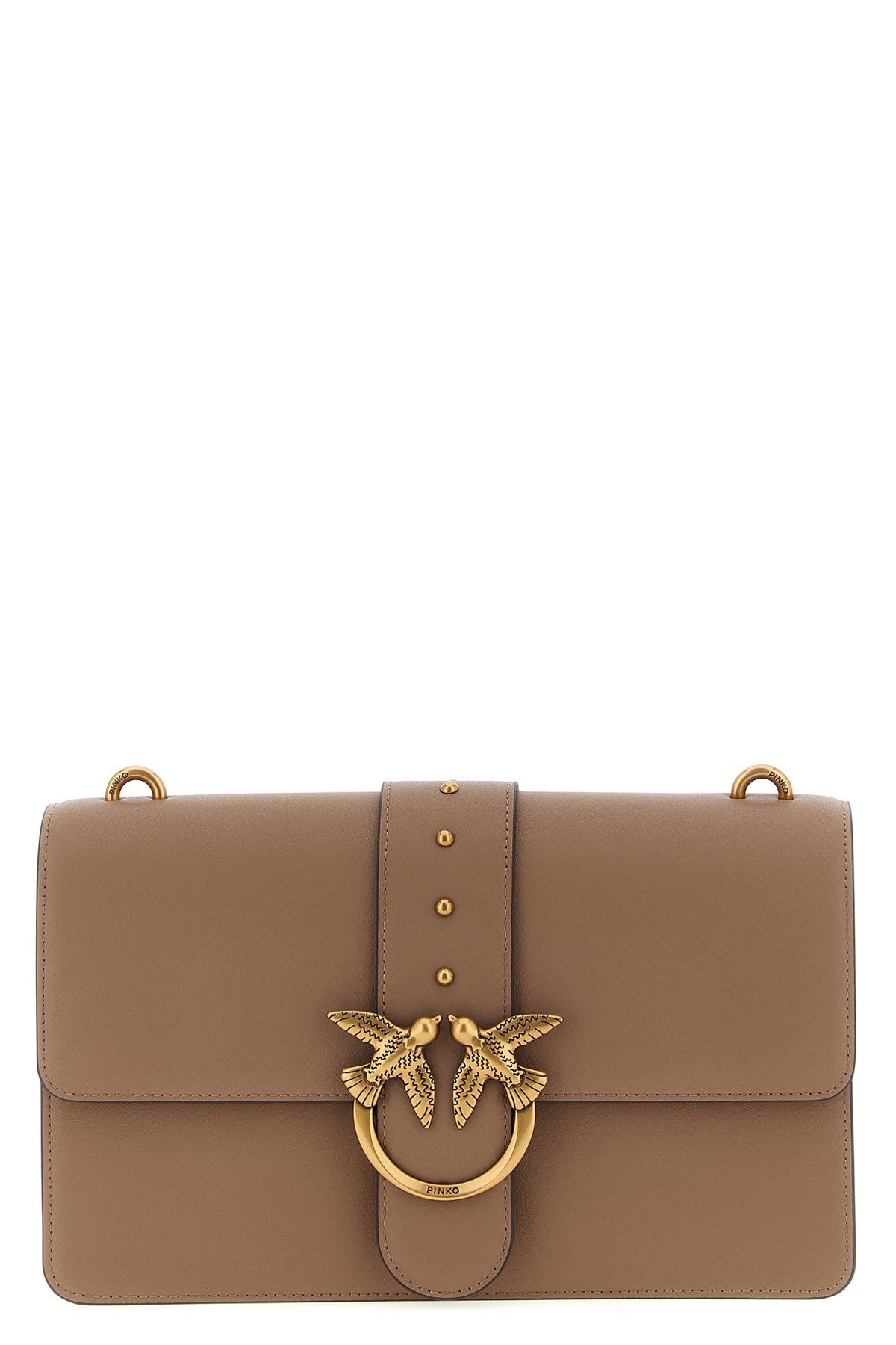 Pinko Beige Leather Shoulder Bag With Logo Buckle In Brown