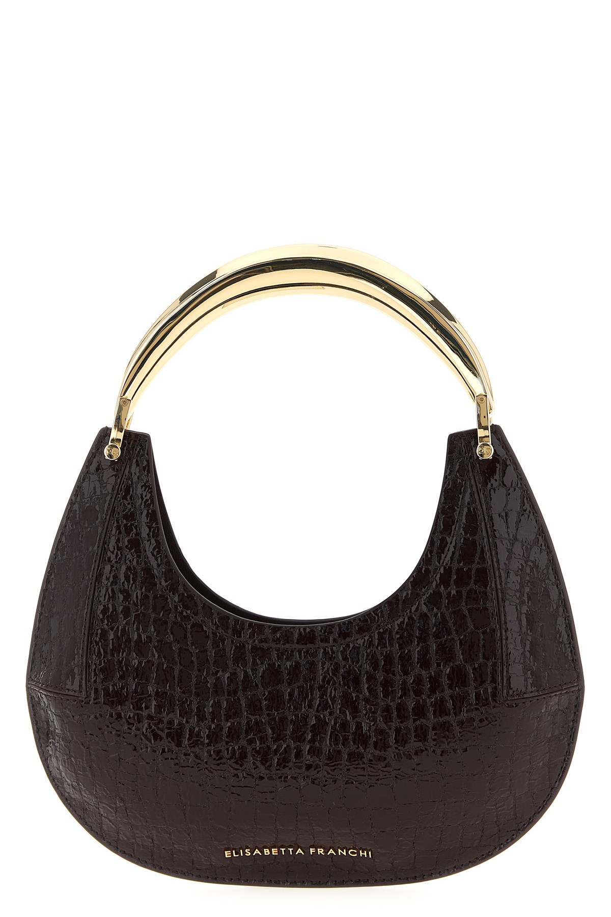 Elisabetta Franchi Small Hobo Crocodile-effect Metal-top-handle Shoulder Bag In Brown