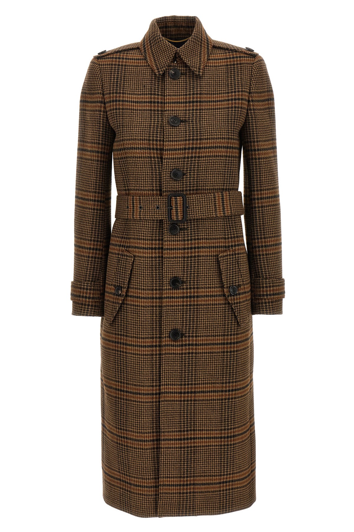 Saint Laurent Prince Of Wales Wool Coat In Brown