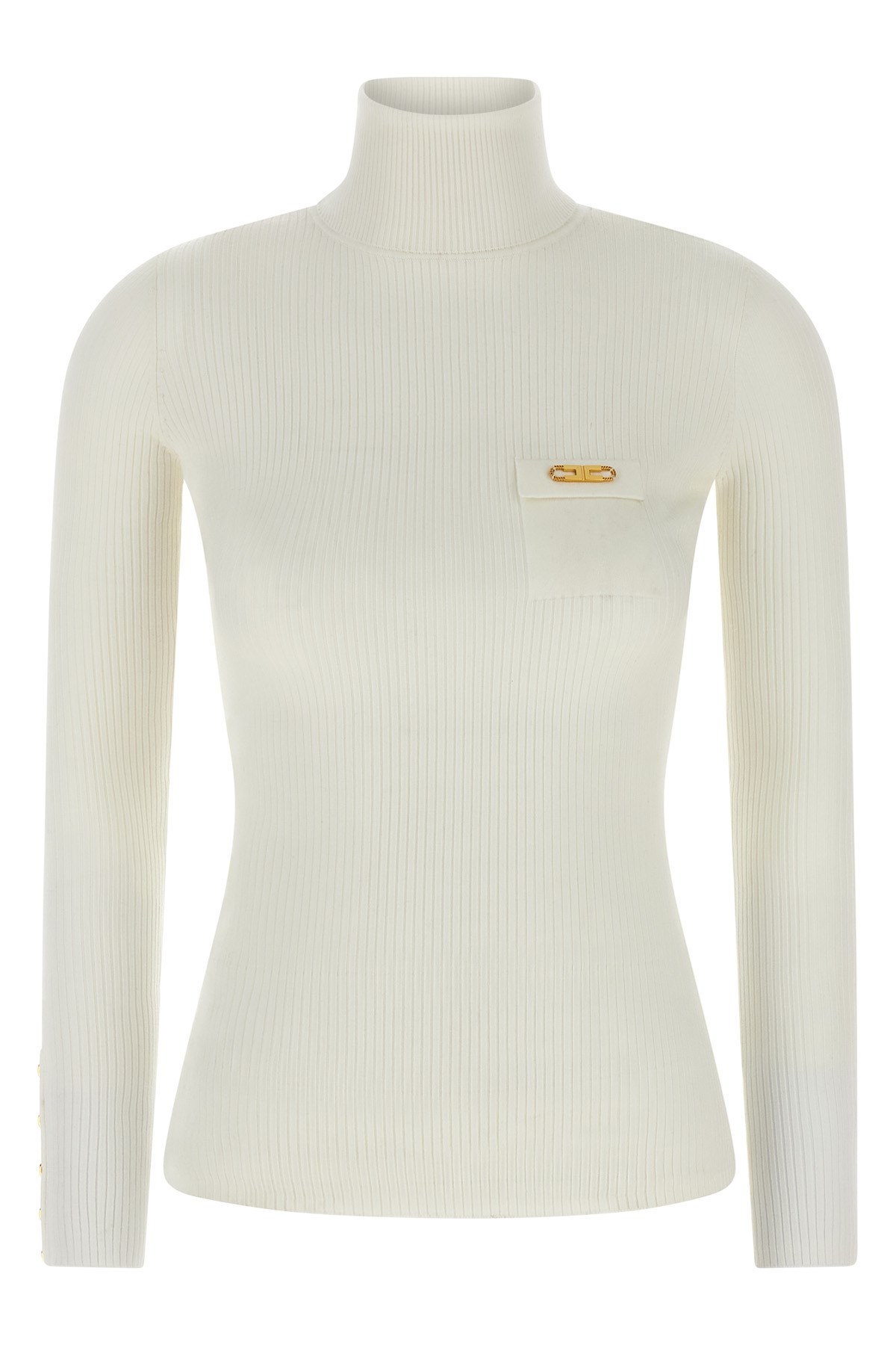 Elisabetta Franchi Ribbed Knit Turtleneck Top With Breast Pocket Clothing In White