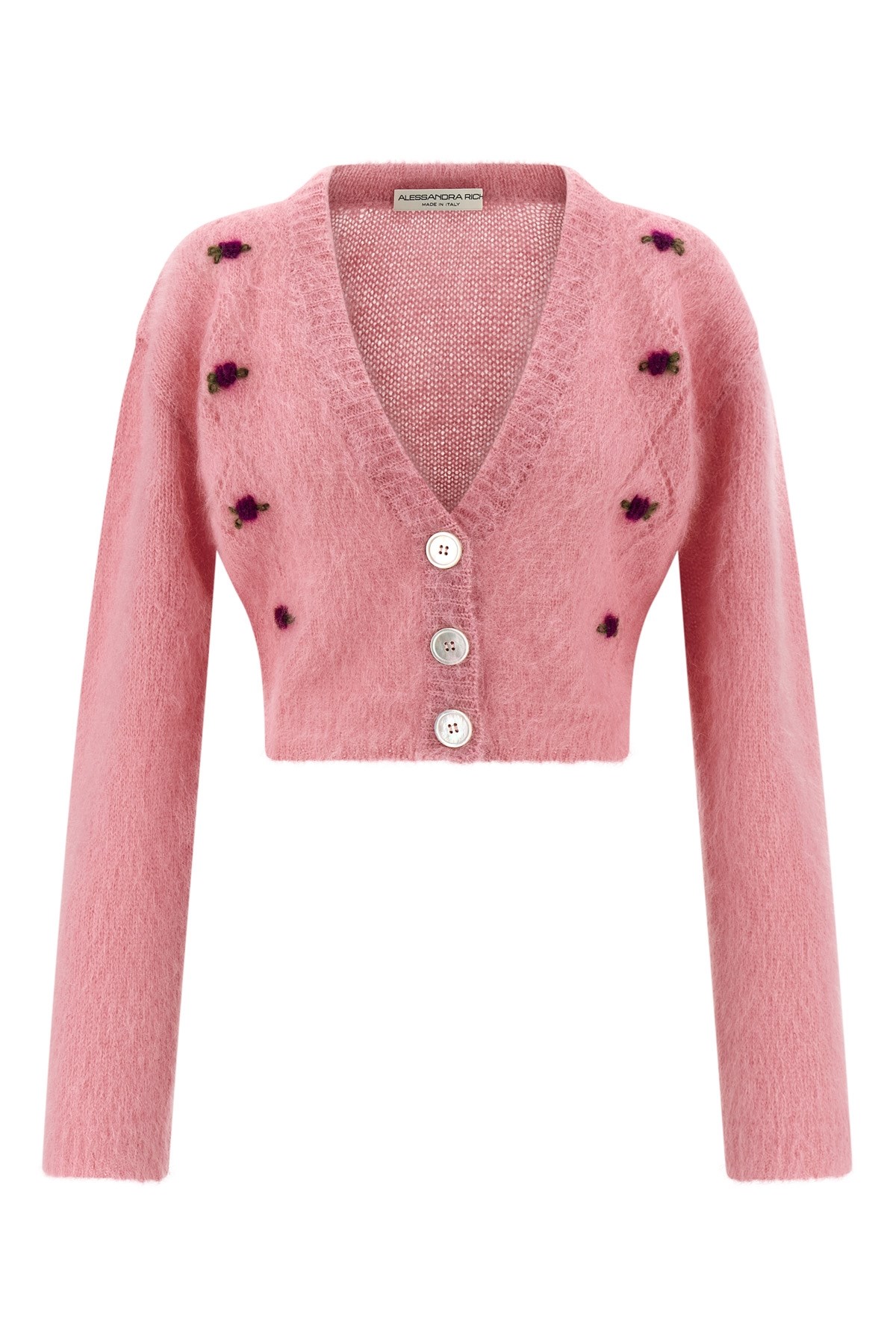Alessandra Rich Mohair Embroidered Cropped Cardigan In Pink