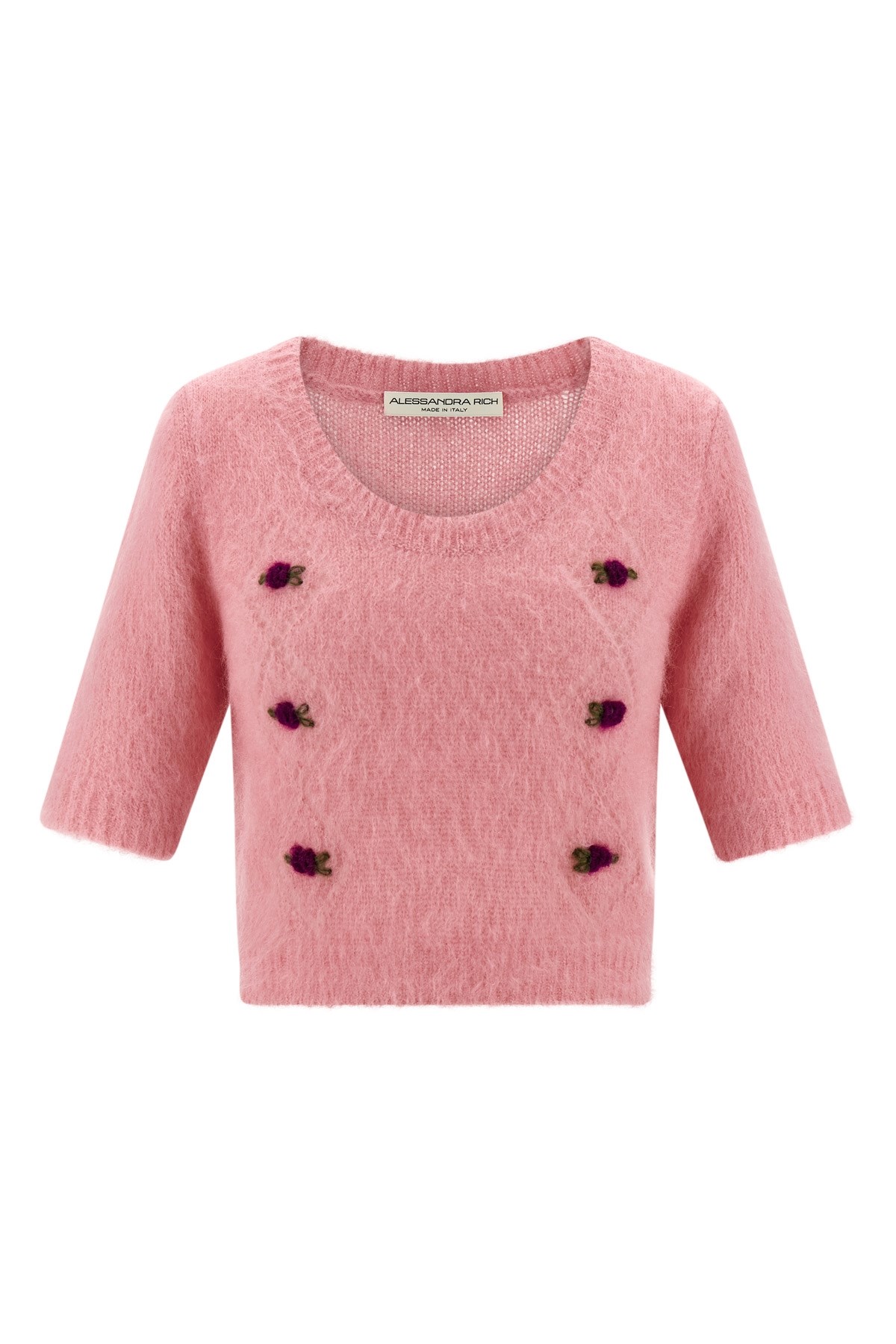 Alessandra Rich Crew Neck Floral Appliqué Short Sleeves Soft Texture In Pink
