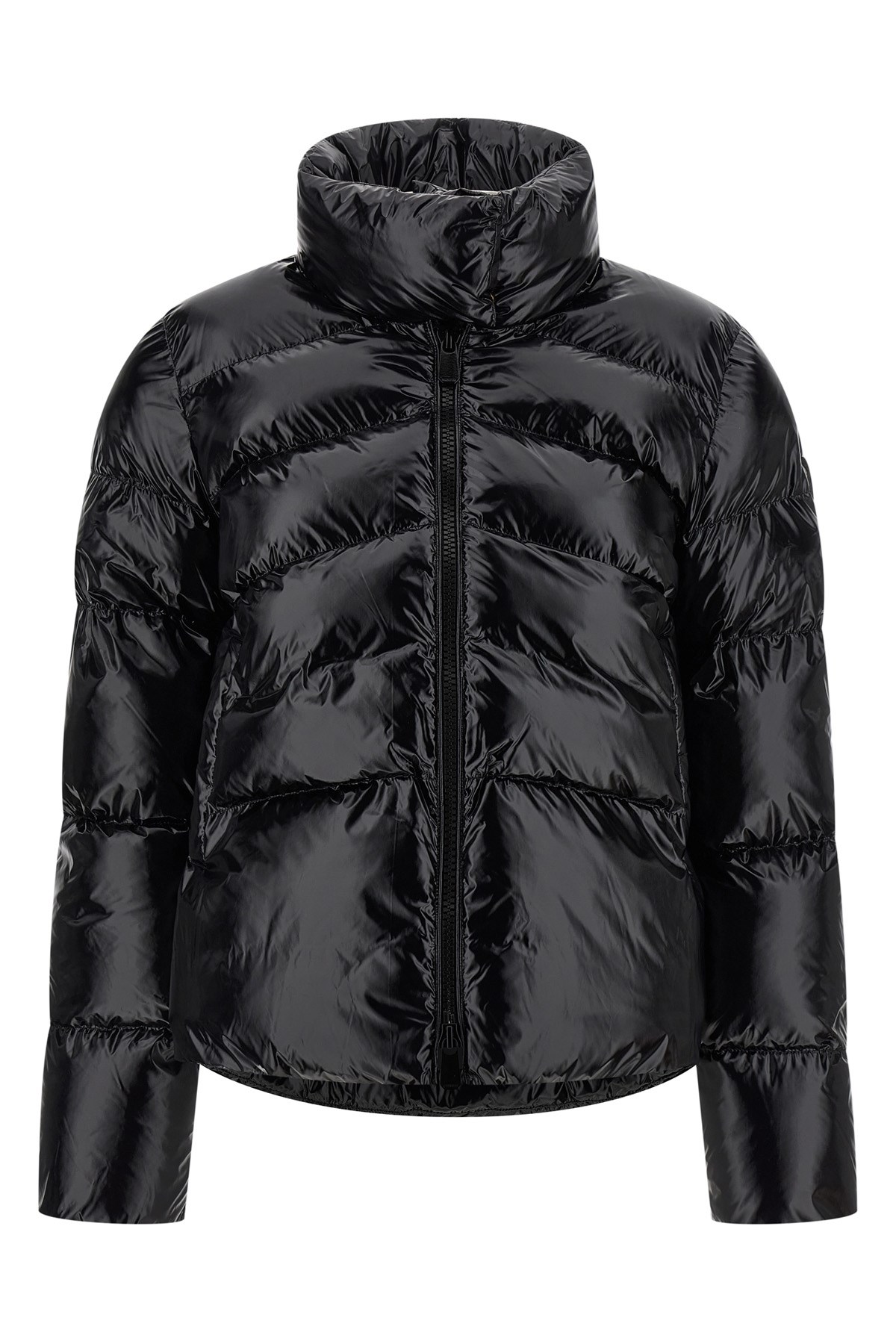 Pinko Cropped Black Down Coat With Glossy Finish And High Collar In Black