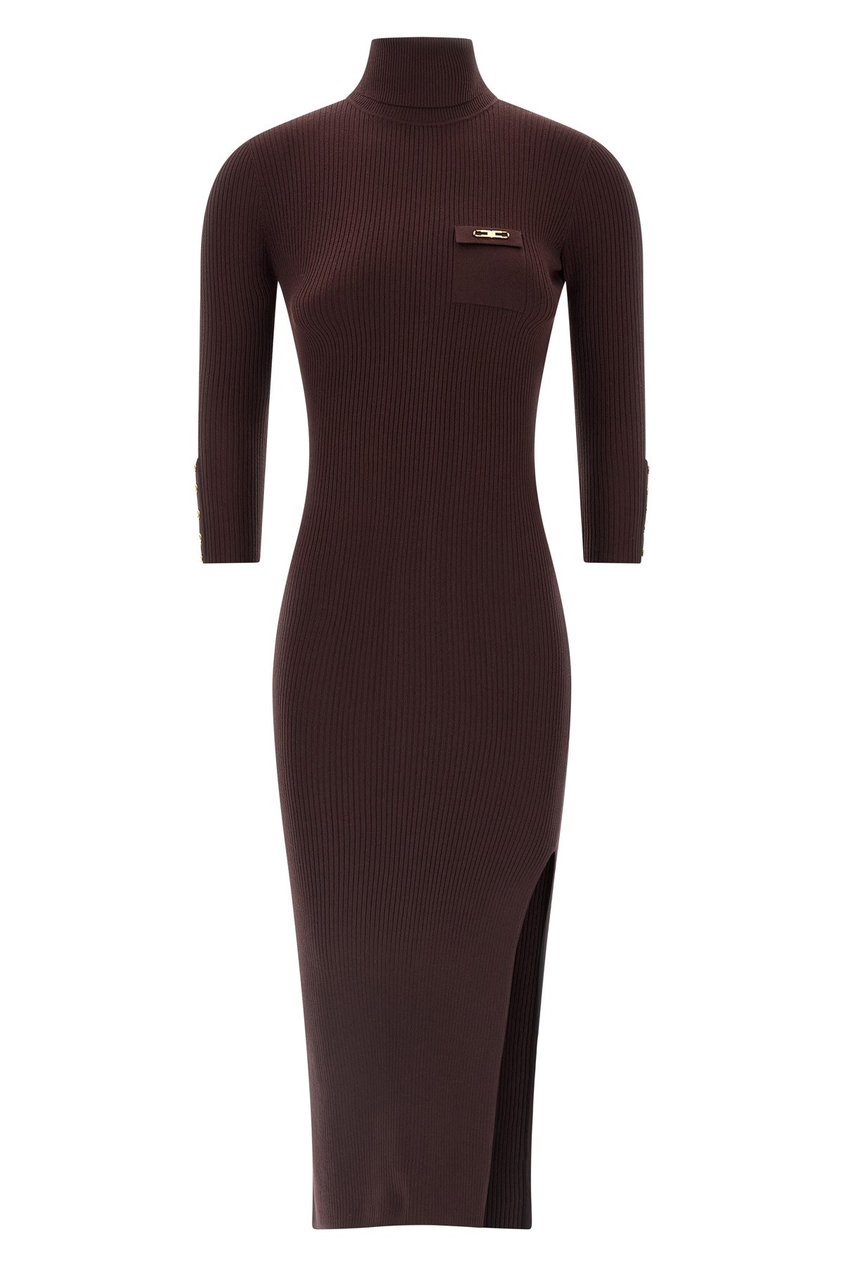 Elisabetta Franchi Midi Dress With High Neck And Side Slit Detail In Burgundy