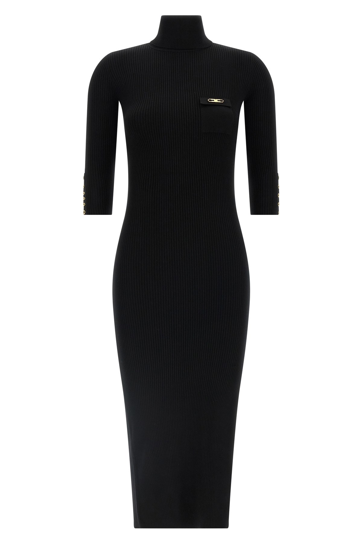 Elisabetta Franchi Form-fitting Black Midi Dress With Ribbed Texture And Logo Detail In Black