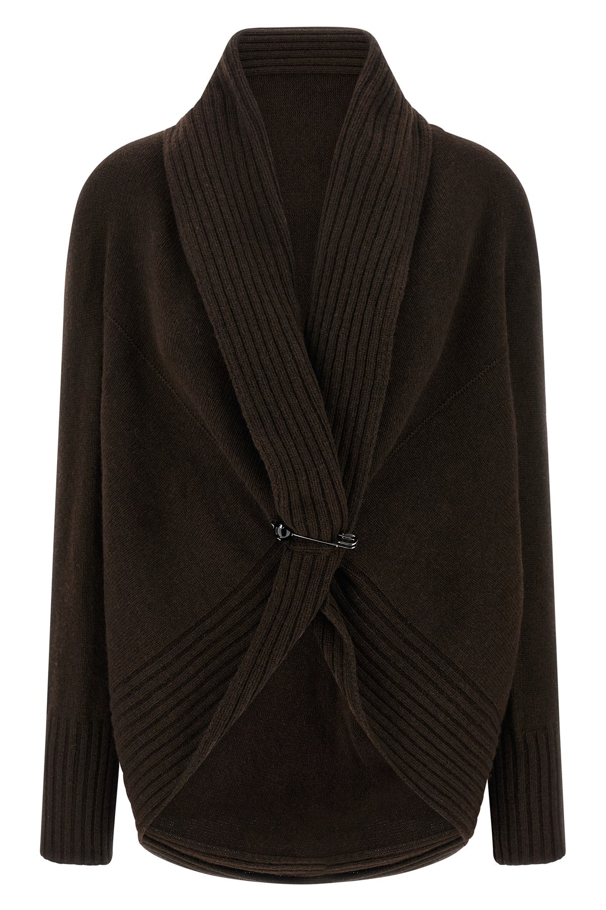 Alberta Ferretti Shawl Collar Knit Cardigan Brooch In Brown
