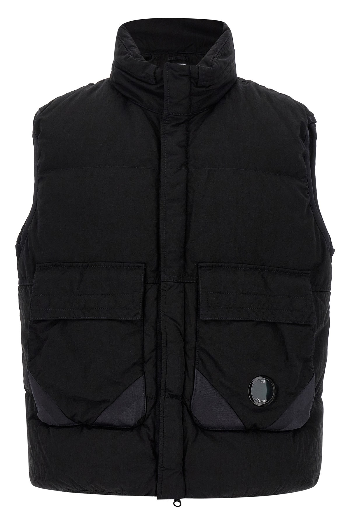 C.p. Company Black Vest With Mock Drawstring Neck And Logo Plaque On The Front In Black