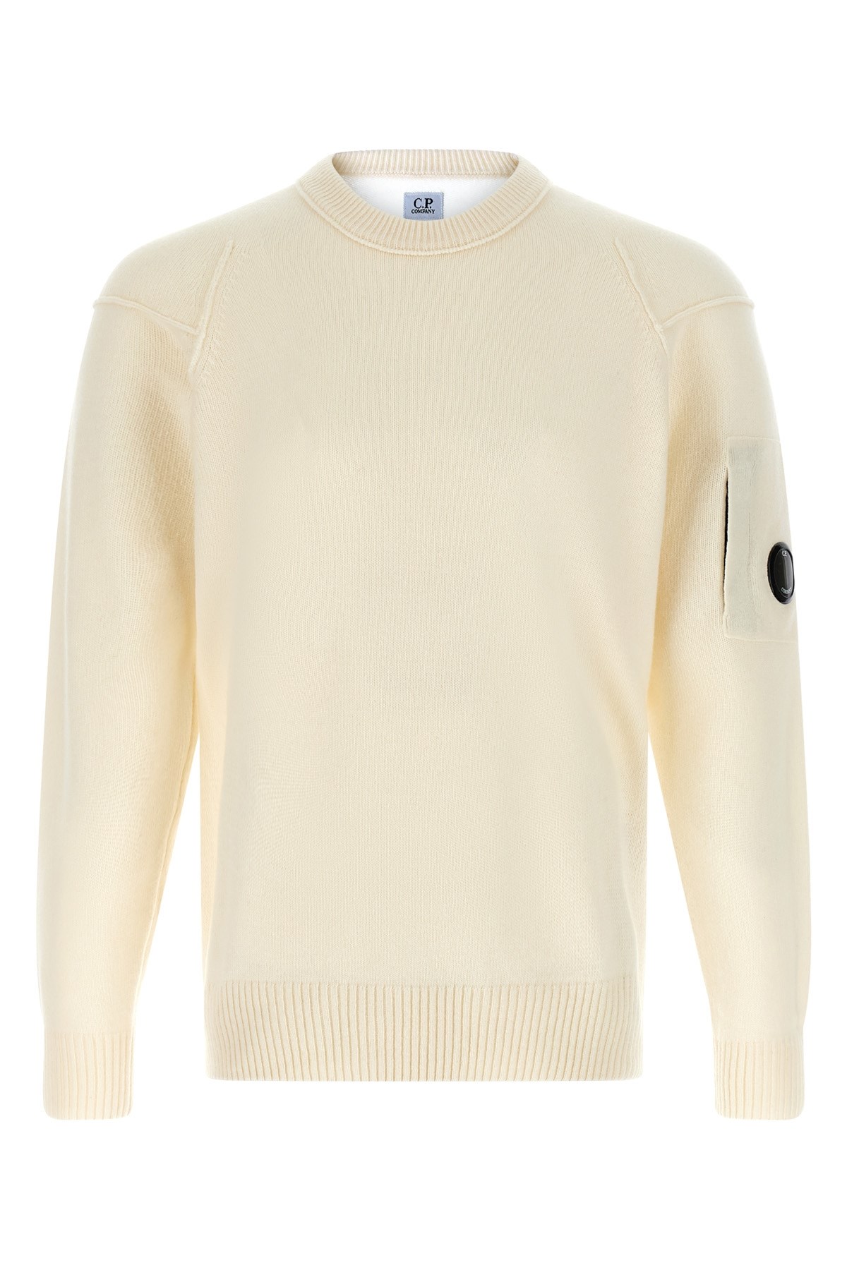 C.p. Company Men White Crewneck Sweater With Logo Plaque On The Sleeve In Wool Blend Man In Neutral