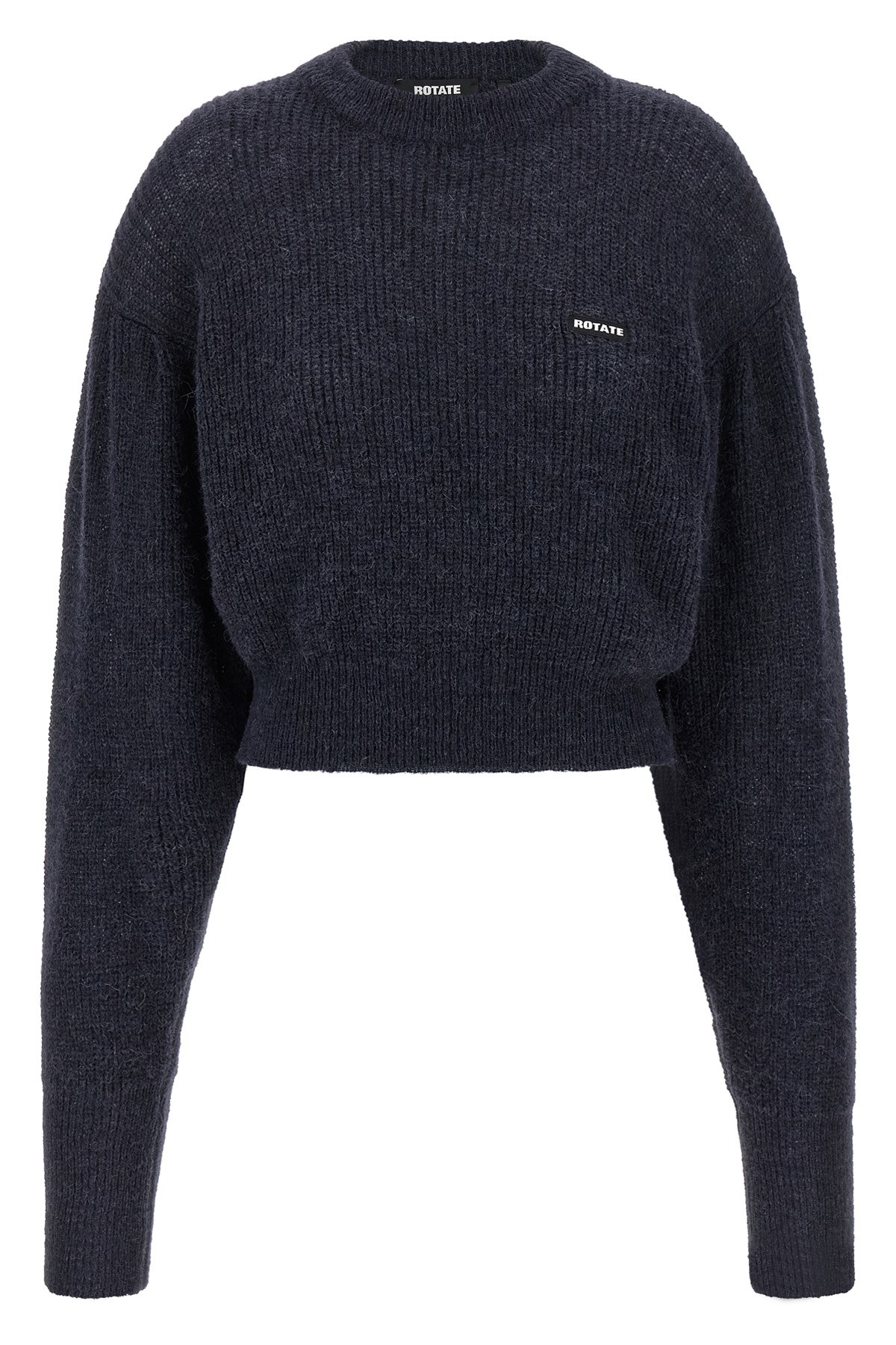 Rotate Birger Christensen Crew Neck Cropped Knit Puff Sweater In Blue