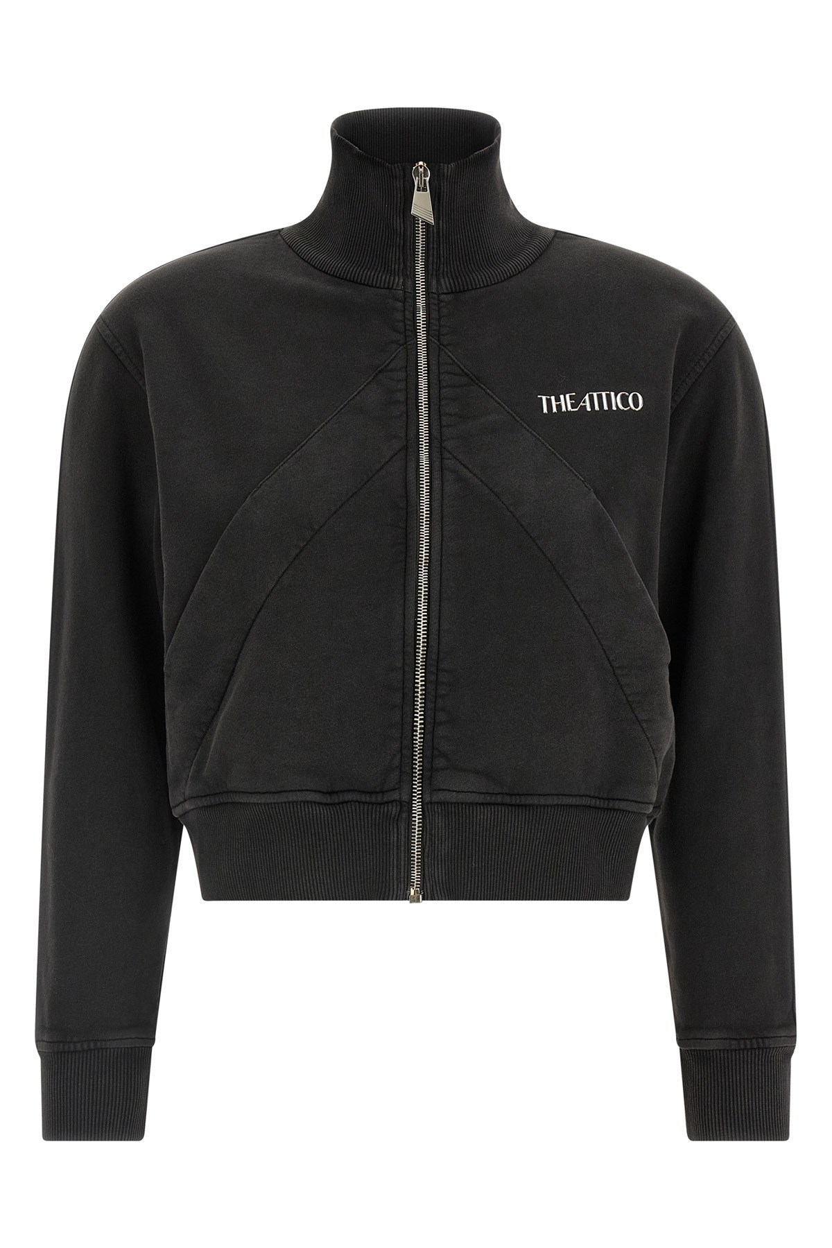 Attico Cropped Zip Fleece Ribbed Finish In Black