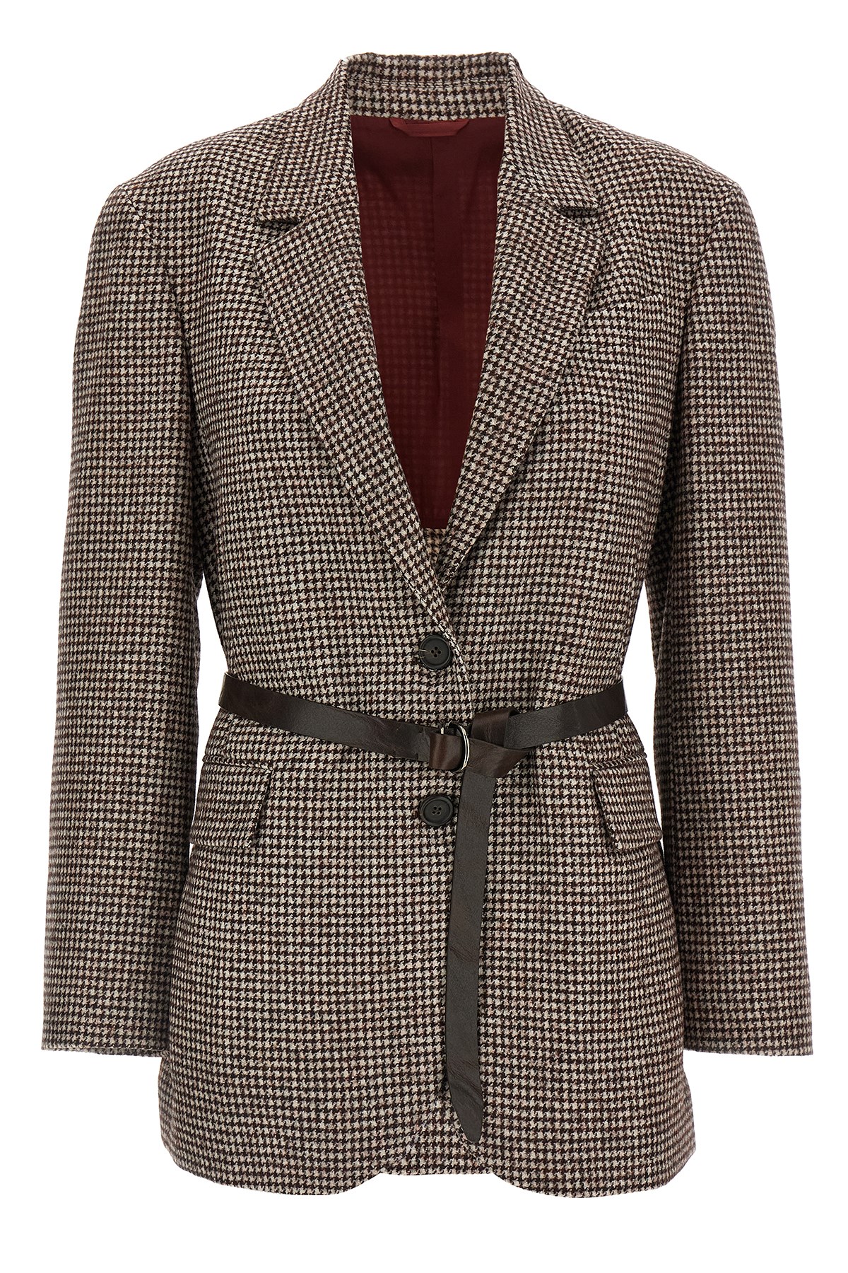 Brunello Cucinelli Tailored Houndstooth Blazer With Matching Waist Belt In Brown
