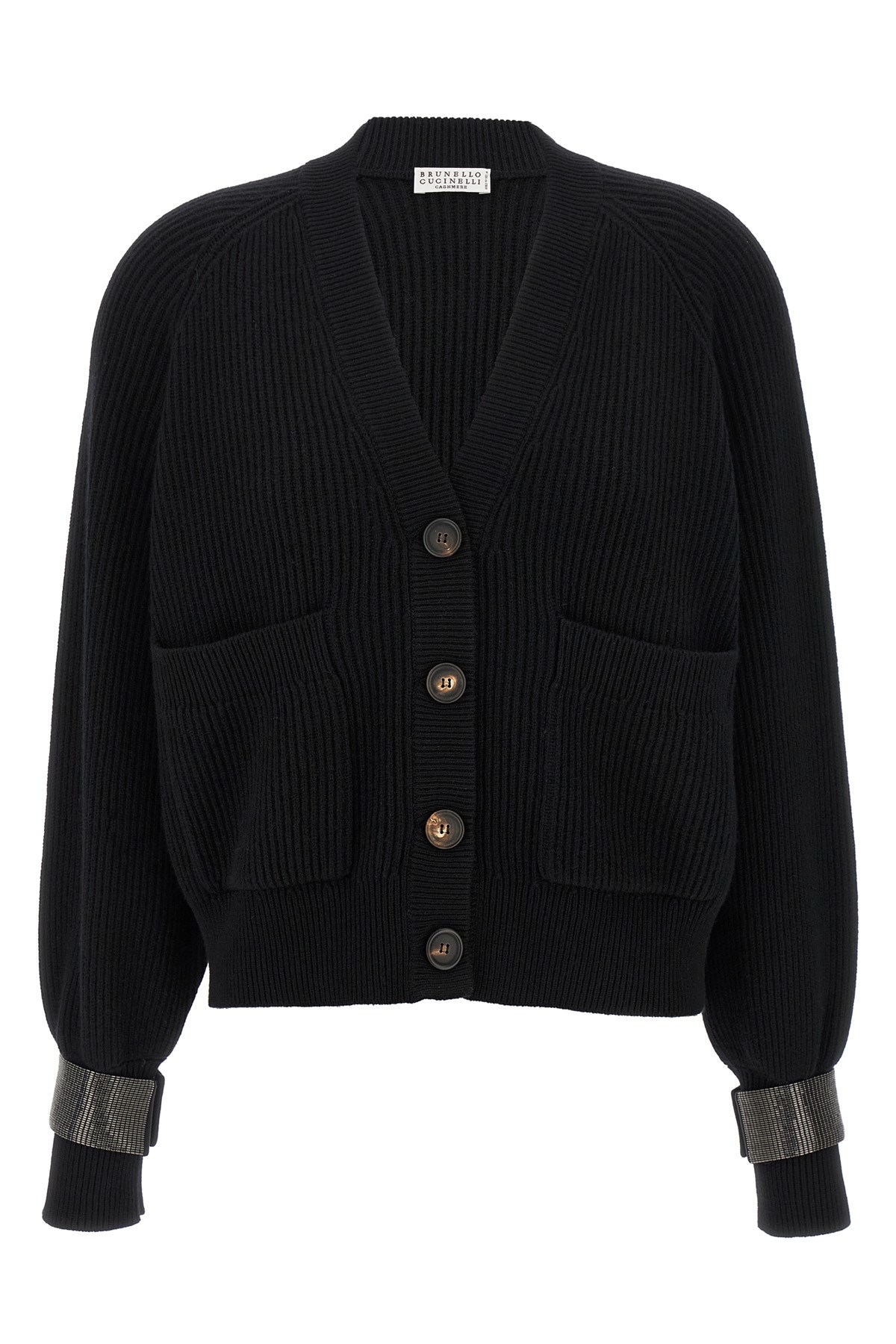 Brunello Cucinelli Ribbed Texture Cardigan With Contrasting Cuffs In Black