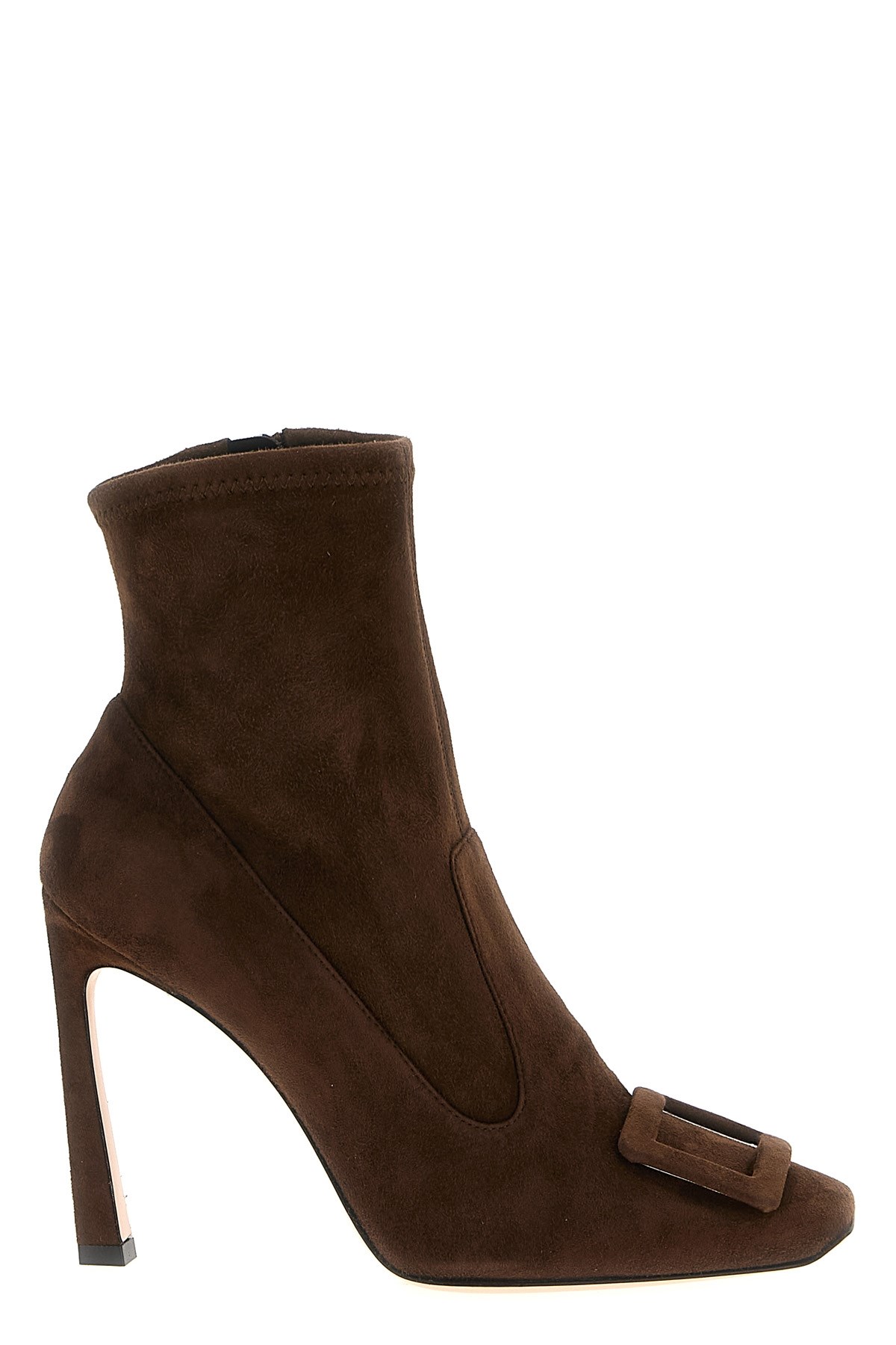 Roger Vivier Square Buckle Suede Ankle Boots In Brown