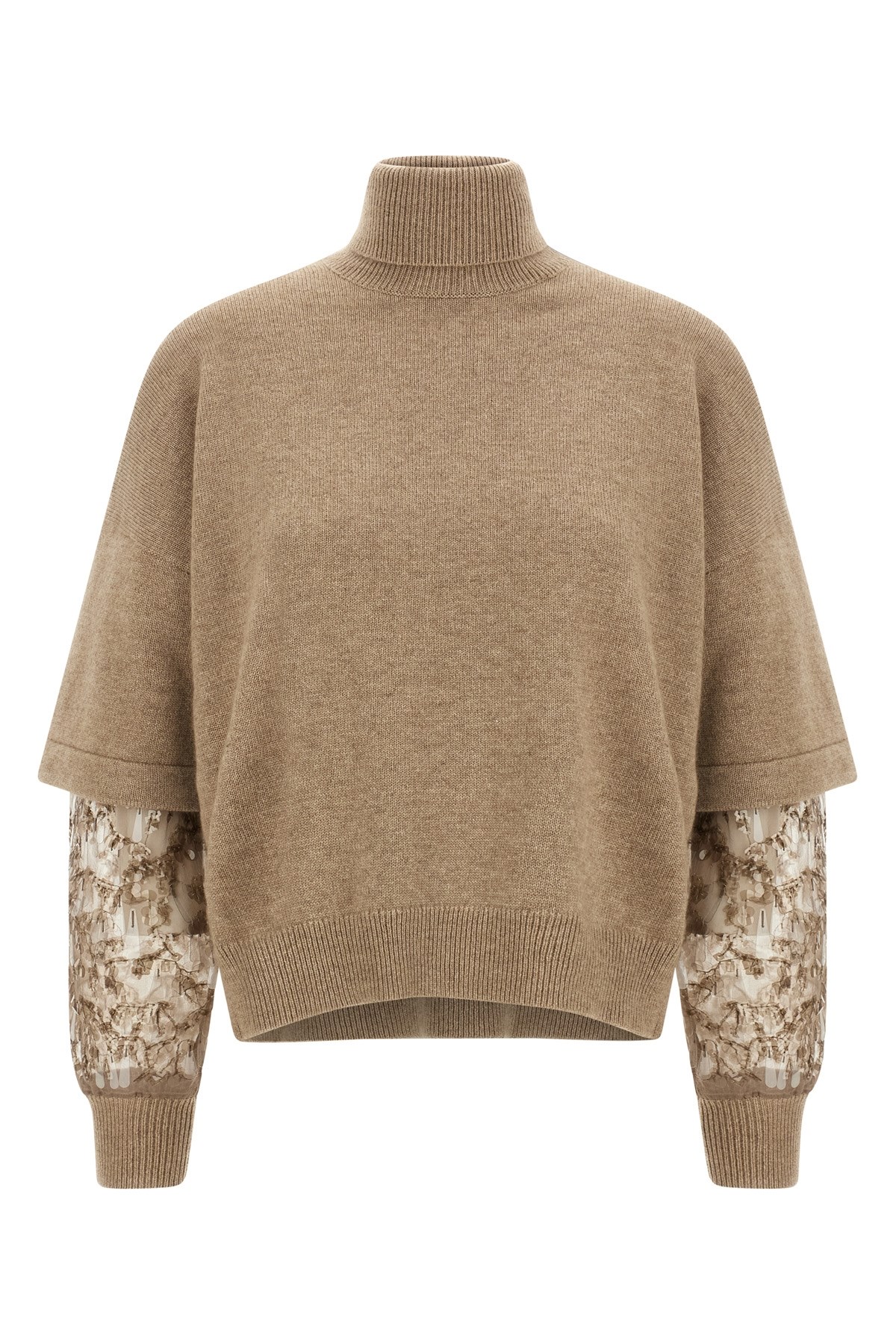 Brunello Cucinelli Cashmere Turtleneck Sweater With Sheer Sequined Sleeves In Brown