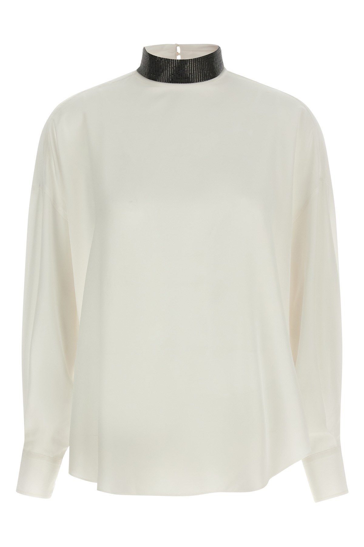 Brunello Cucinelli Silk Blouse With High Collar And Keyhole Back In Sand
