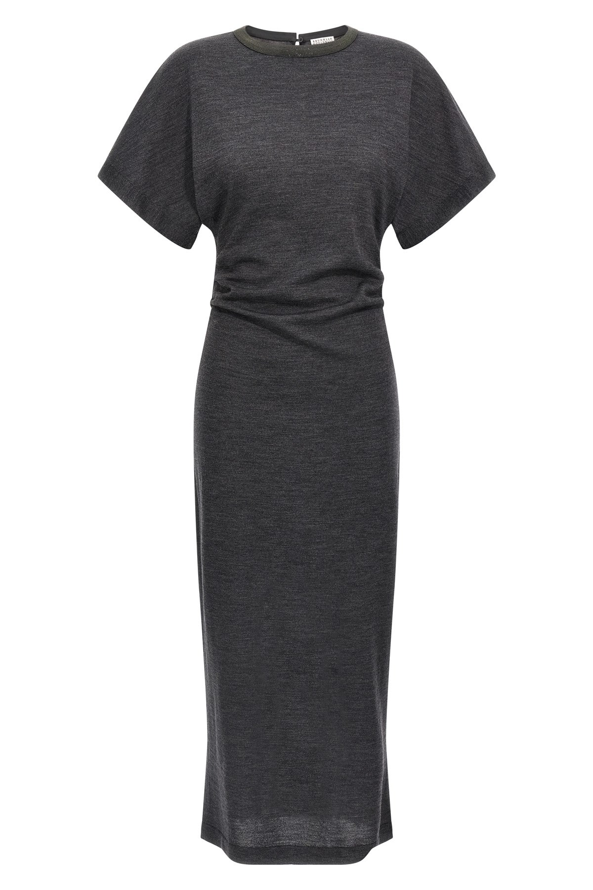 Brunello Cucinelli Wool Dress With Ruched Detail And Stretch Fabric In Gray