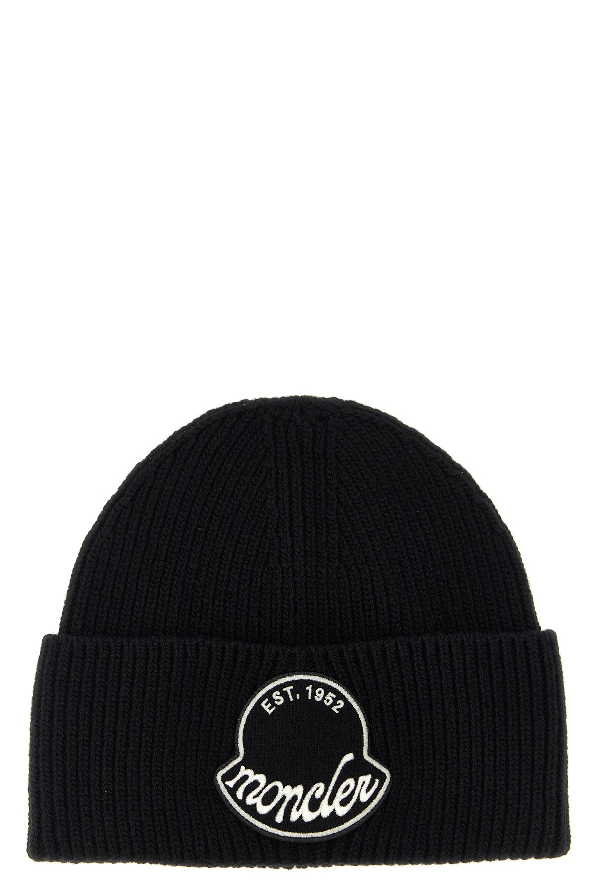 Moncler Black Wool Knit Logo Patch Beanie In Black