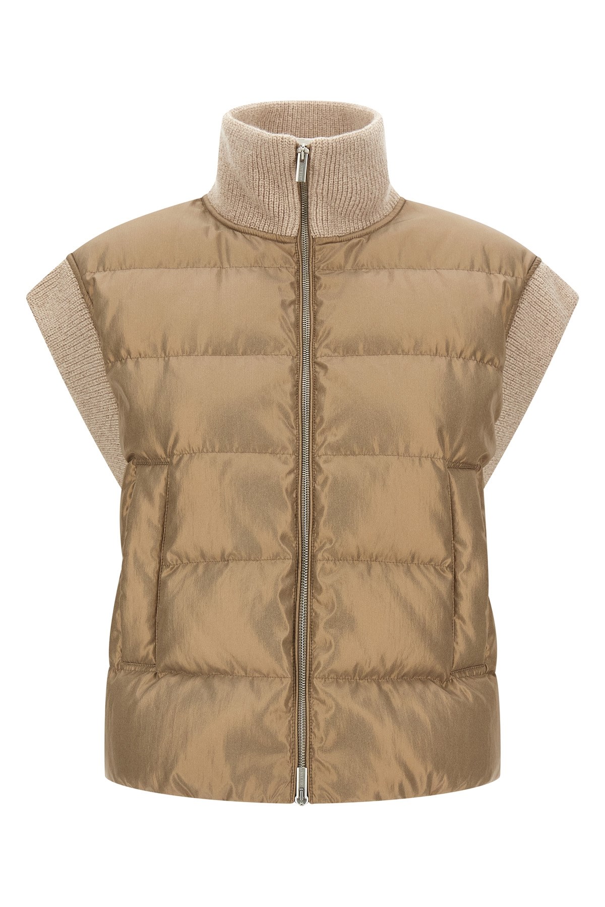 Peserico High Collar Sleeveless Quilted Ribbed Vest In Sand