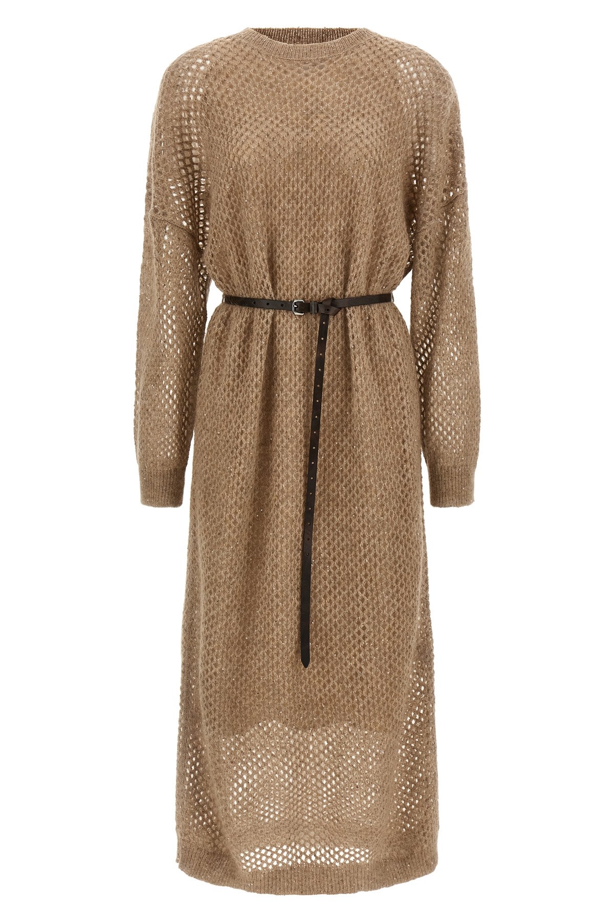 Brunello Cucinelli Women Mohair Blend Long Dress With Sequins In Brown