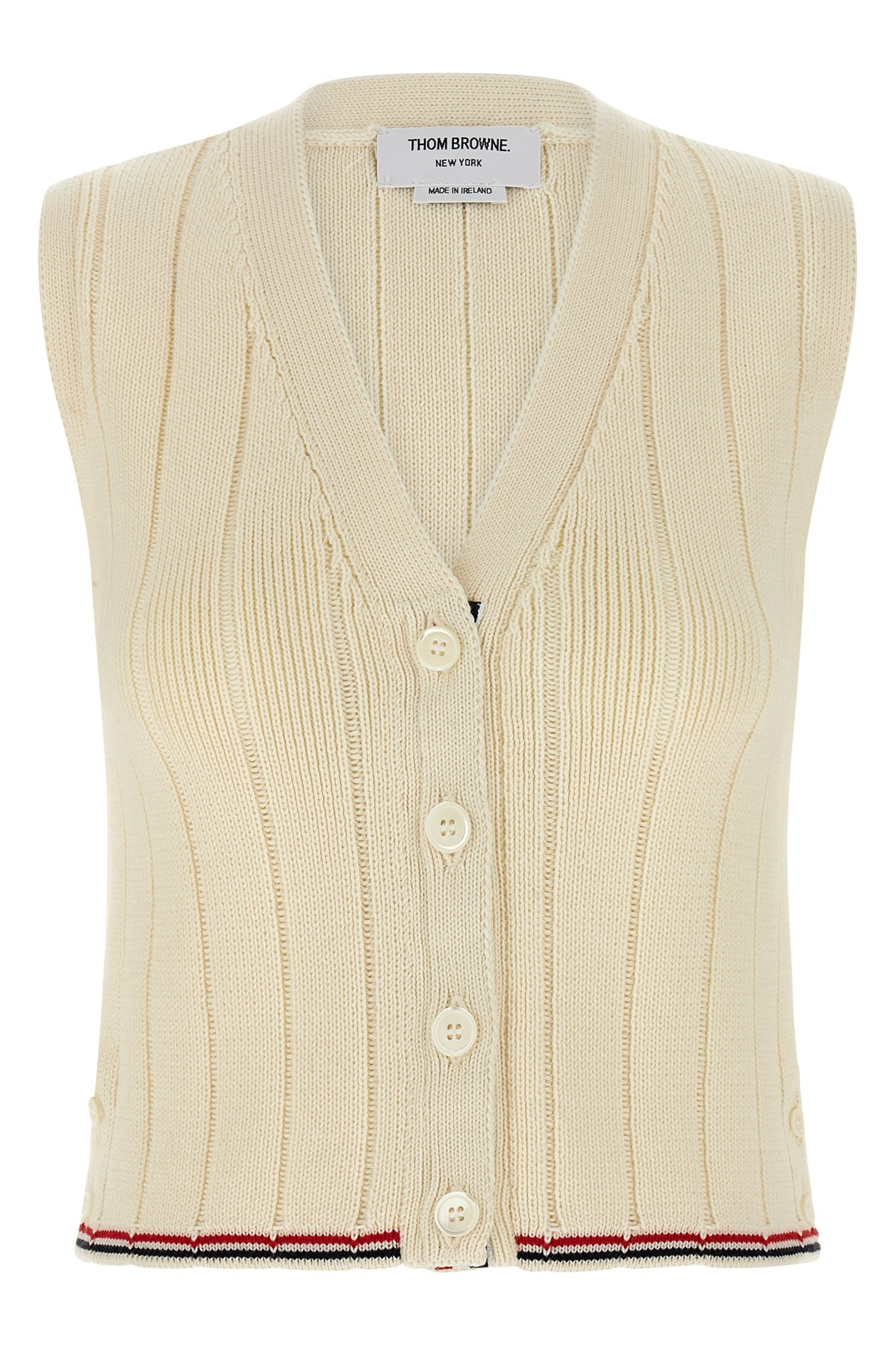 Thom Browne Sleeveless V-neck Ribbed Striped Vest In White