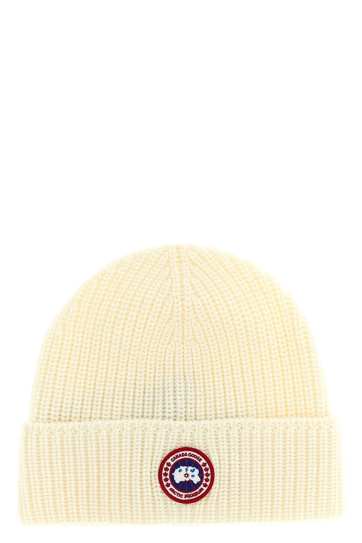 Canada Goose White Logo Beanie Hat In White
