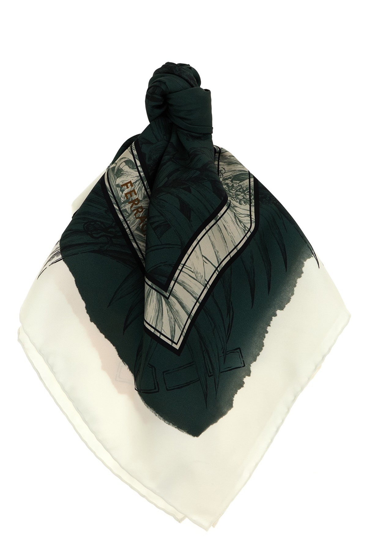 Ferragamo Lightweight Floral Print Square Scarf With Rolled Edges In Green