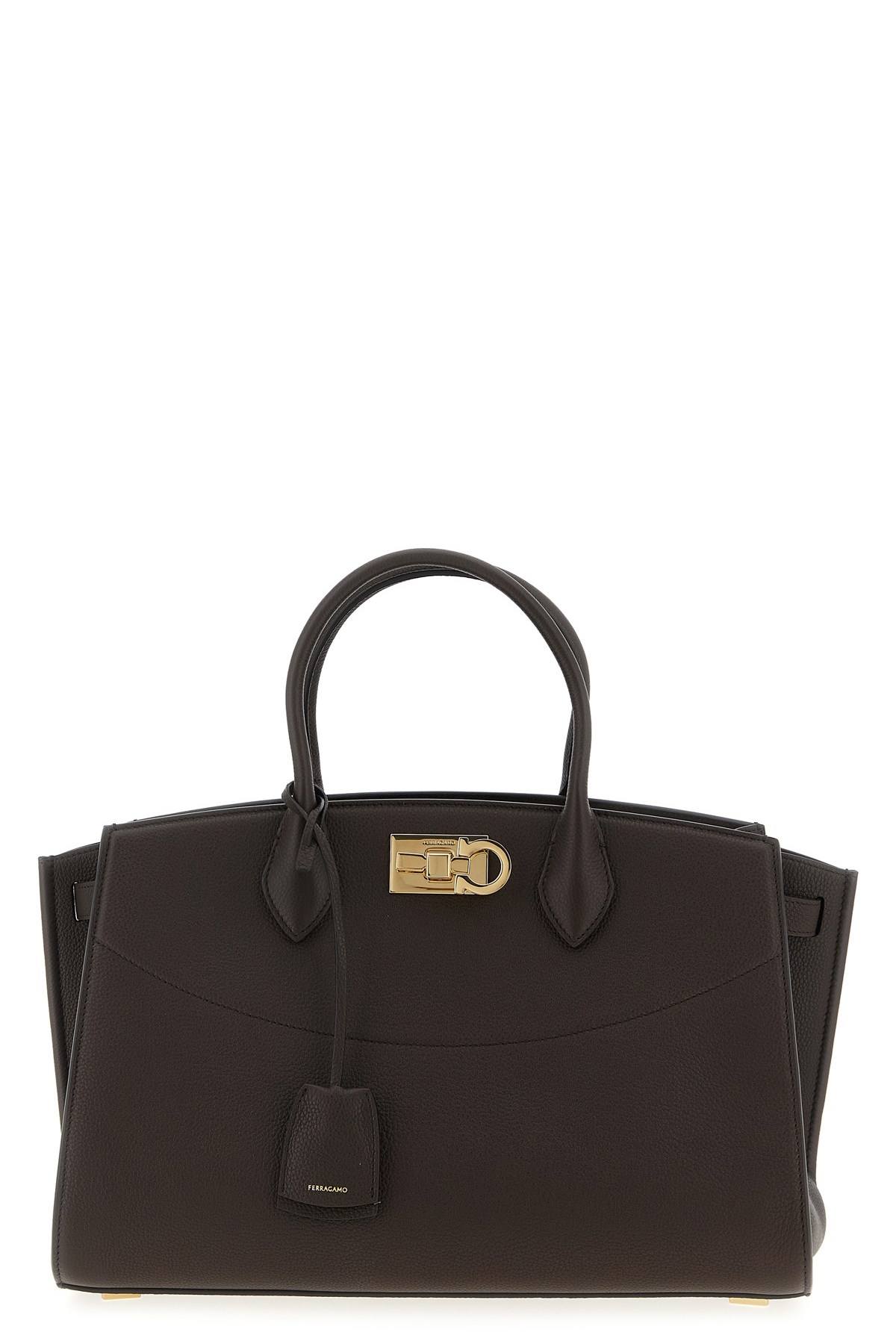 Ferragamo Structured Brown Calf Goat Leather Handbag In Brown