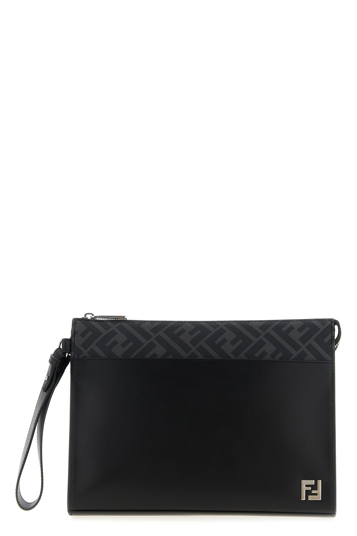 Fendi Leather And Canvas Ff Squared Clutch Bags In Black