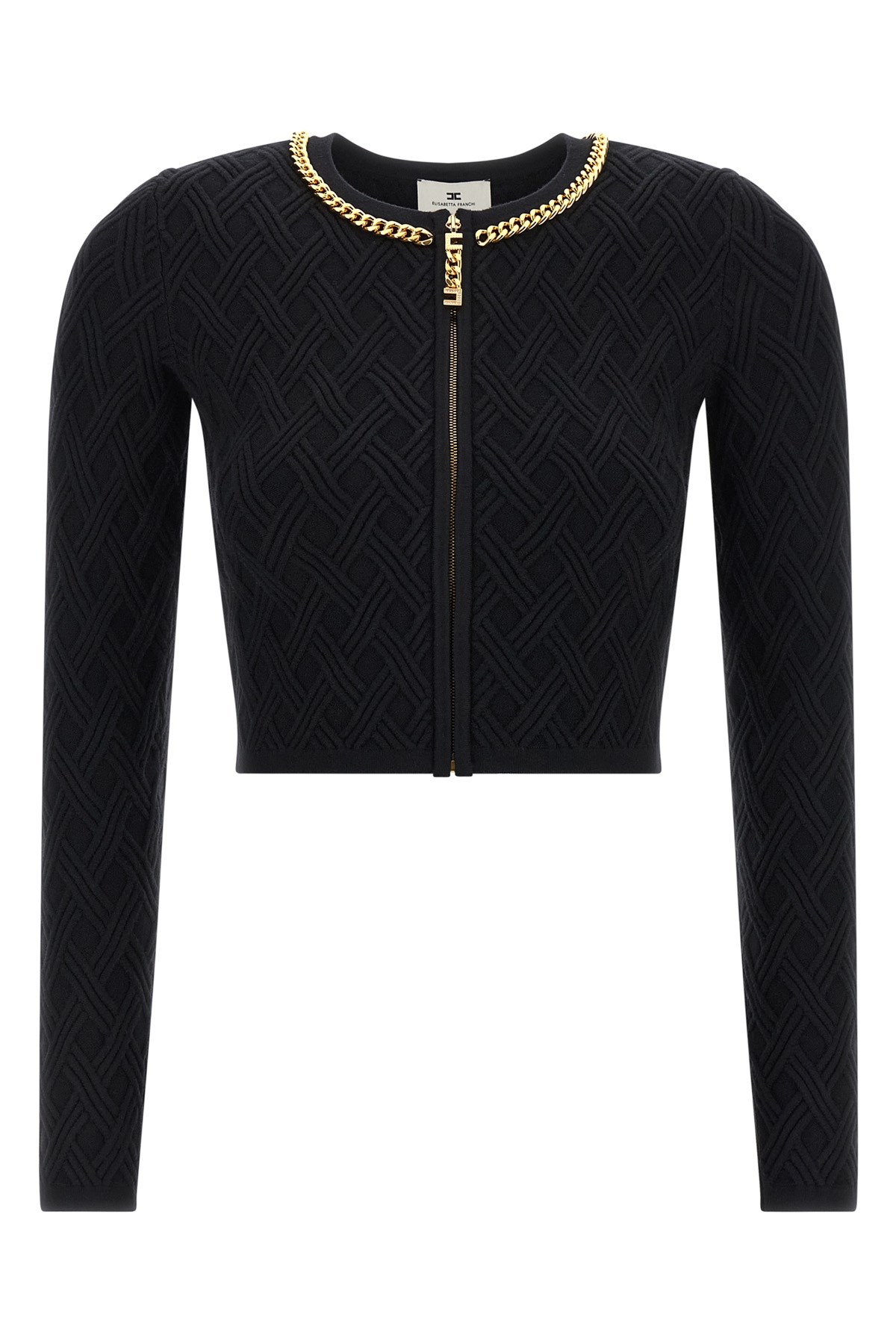 Elisabetta Franchi Cardigan In Maglia A Rombi Con Dettaglio Gioiello Nero In Black