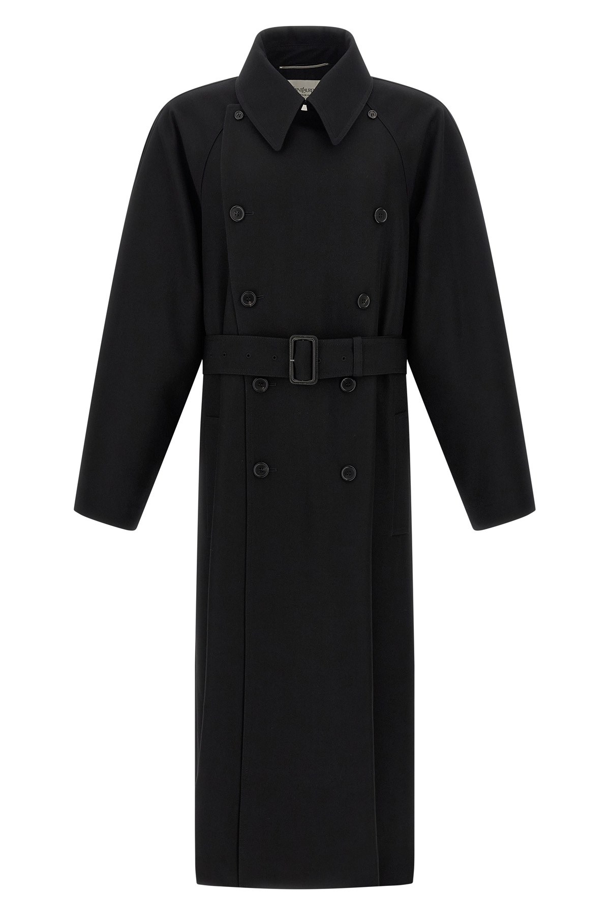 Saint Laurent Double-breasted Long Coat In Grain De Poudre Clothing In Black