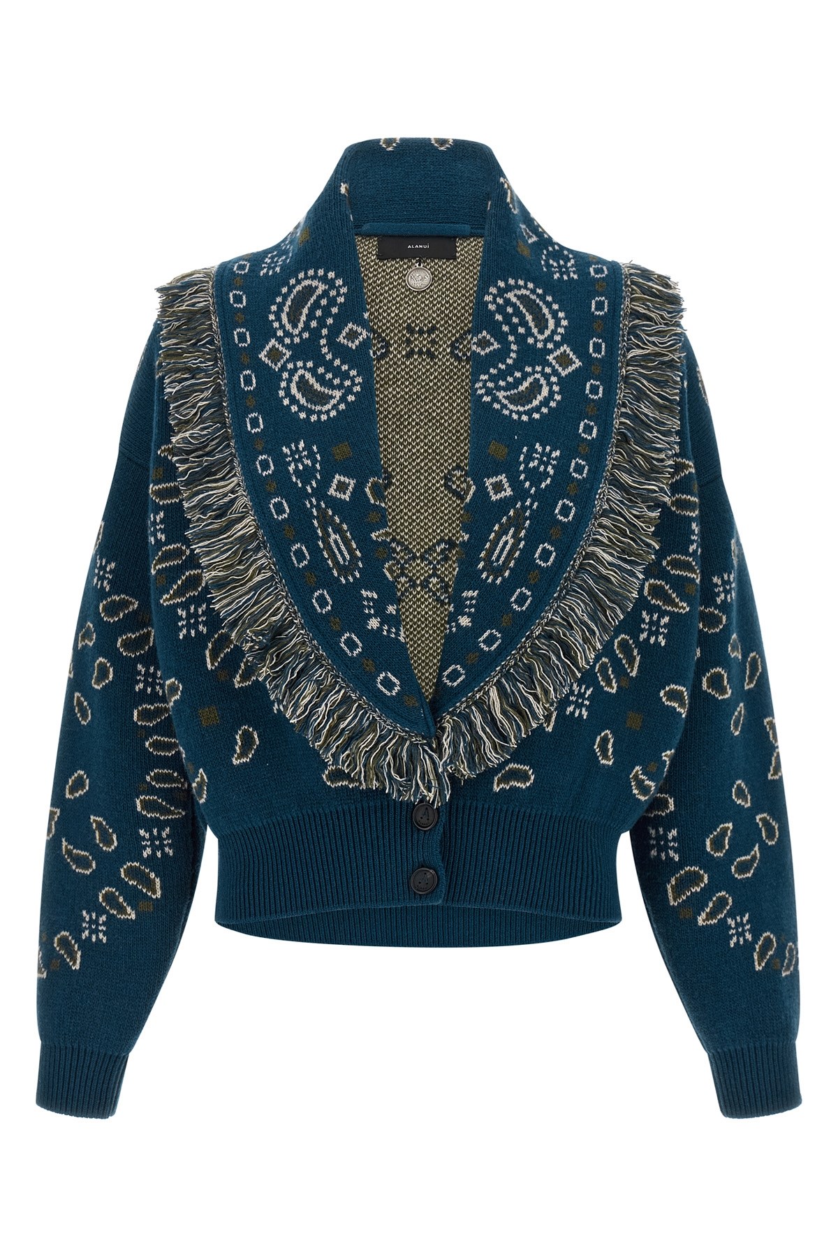 Alanui Thistle Fringe Patterned Bomber Knitwear In Blue