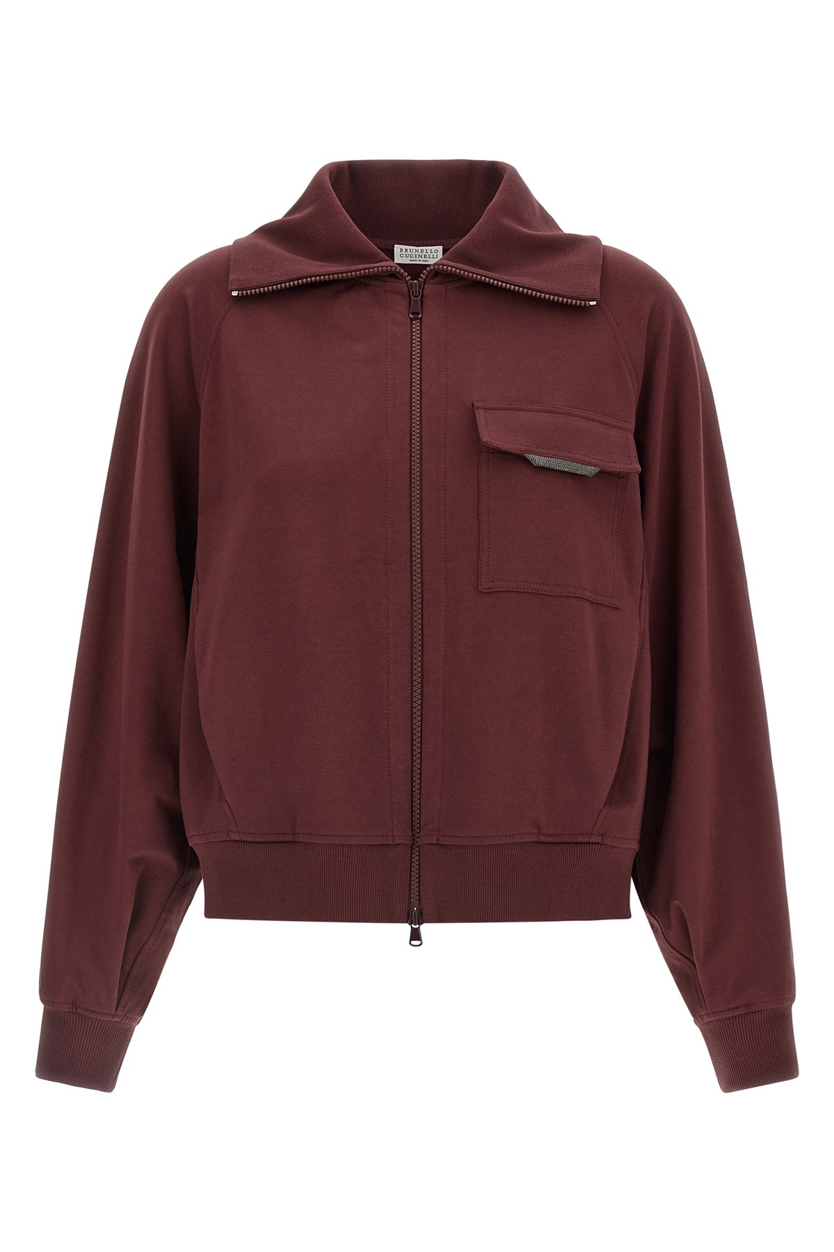 Brunello Cucinelli Collared Neck Sweatshirt With Shiny Flap Detail In Burgundy