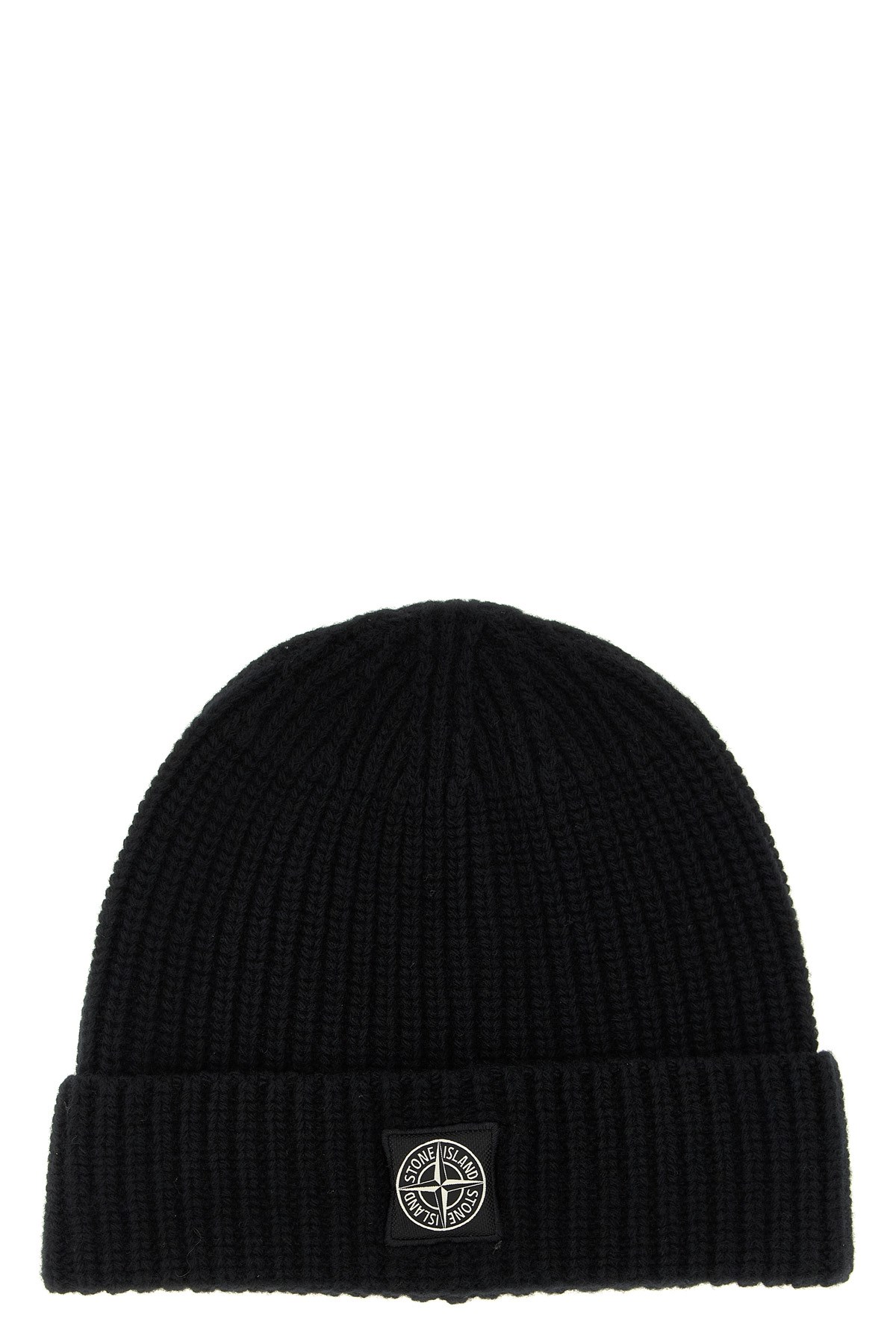 Stone Island Ribbed Knit Beanie With Compass Logo Patch In Black
