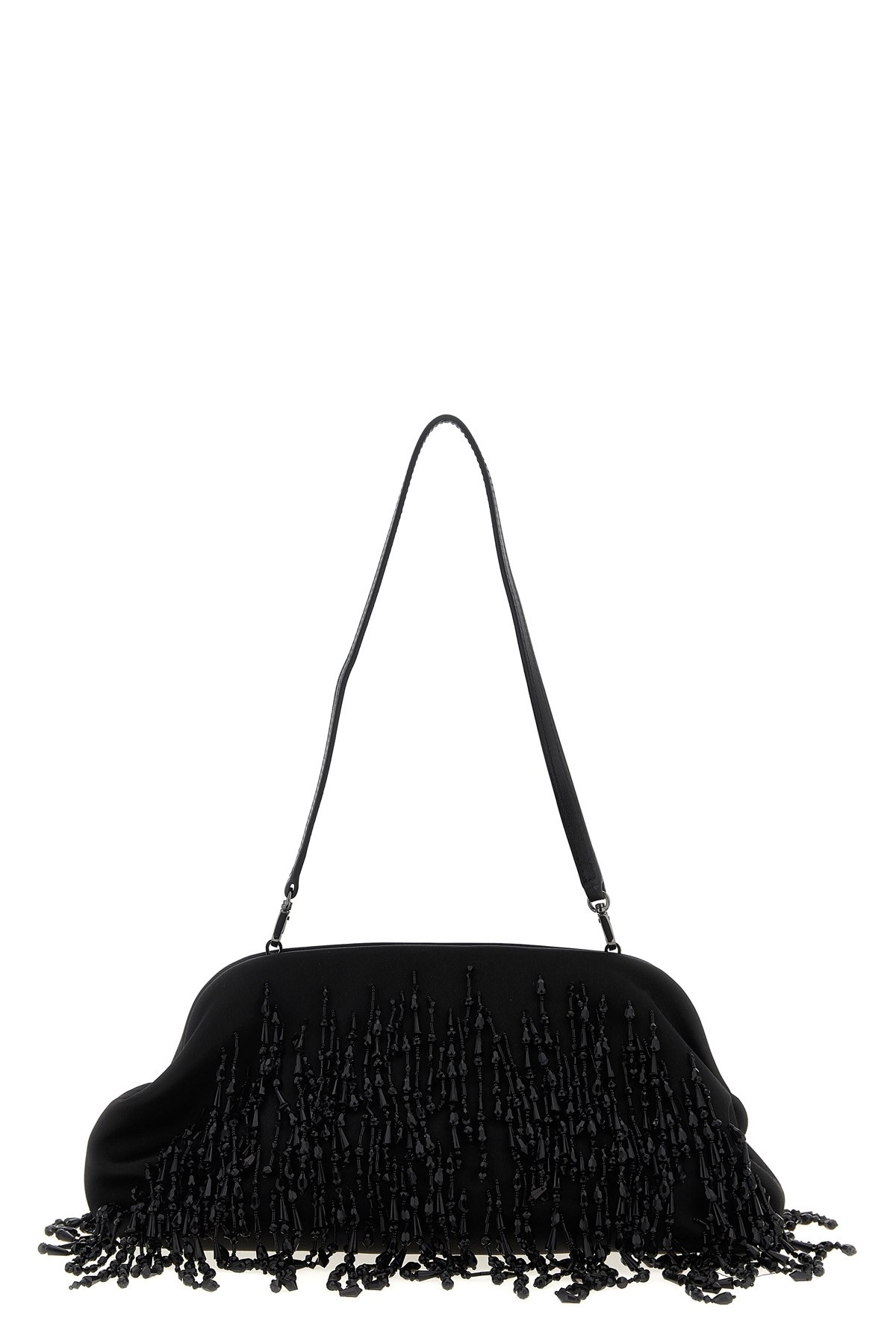 Alberta Ferretti Satin Clutch Adorned With Beaded Embellishments And Shoulder Strap In Black