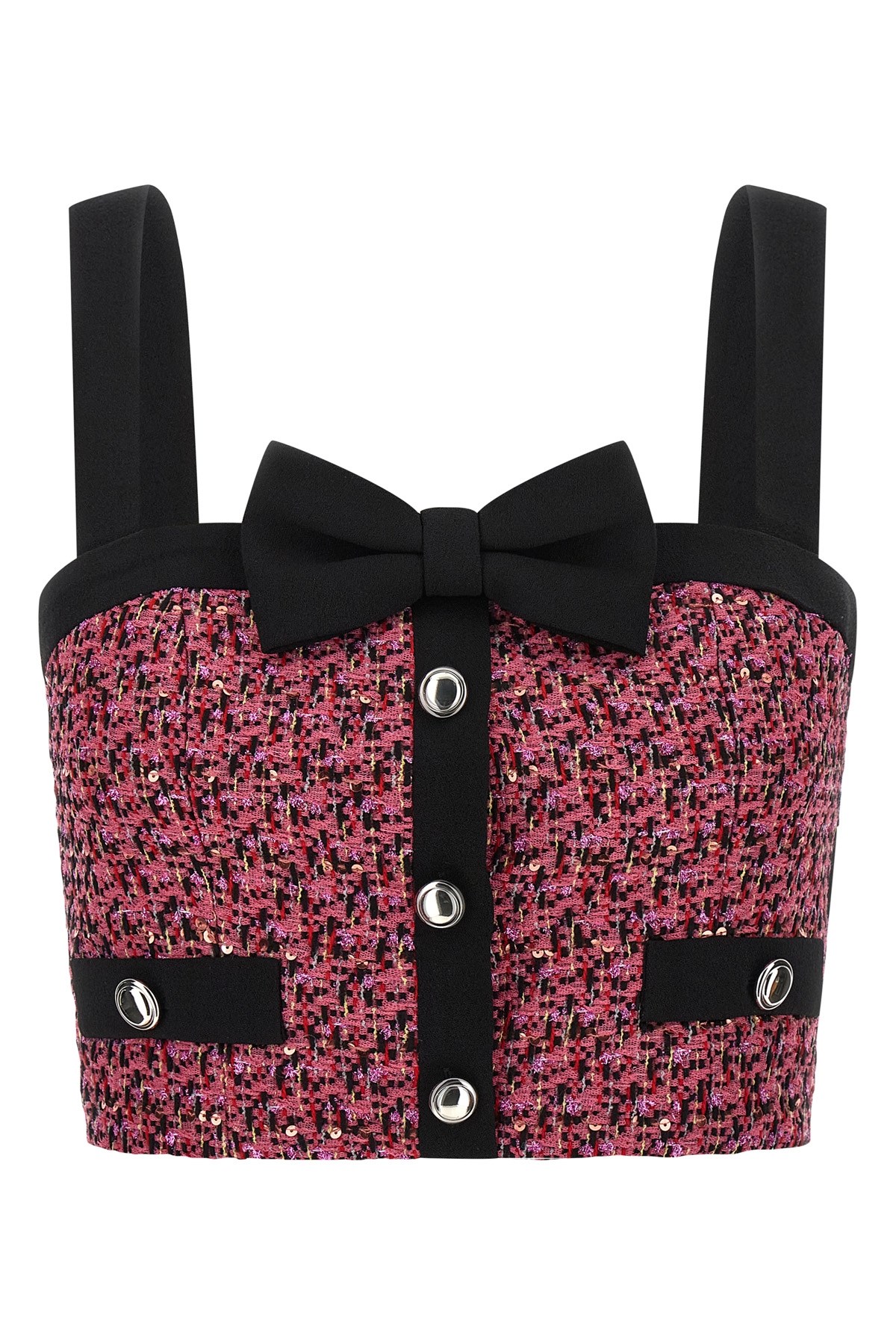 Alessandra Rich Wool Blend Tweed Top With Micro-sequin Embroidery And Bow Detail In Pink
