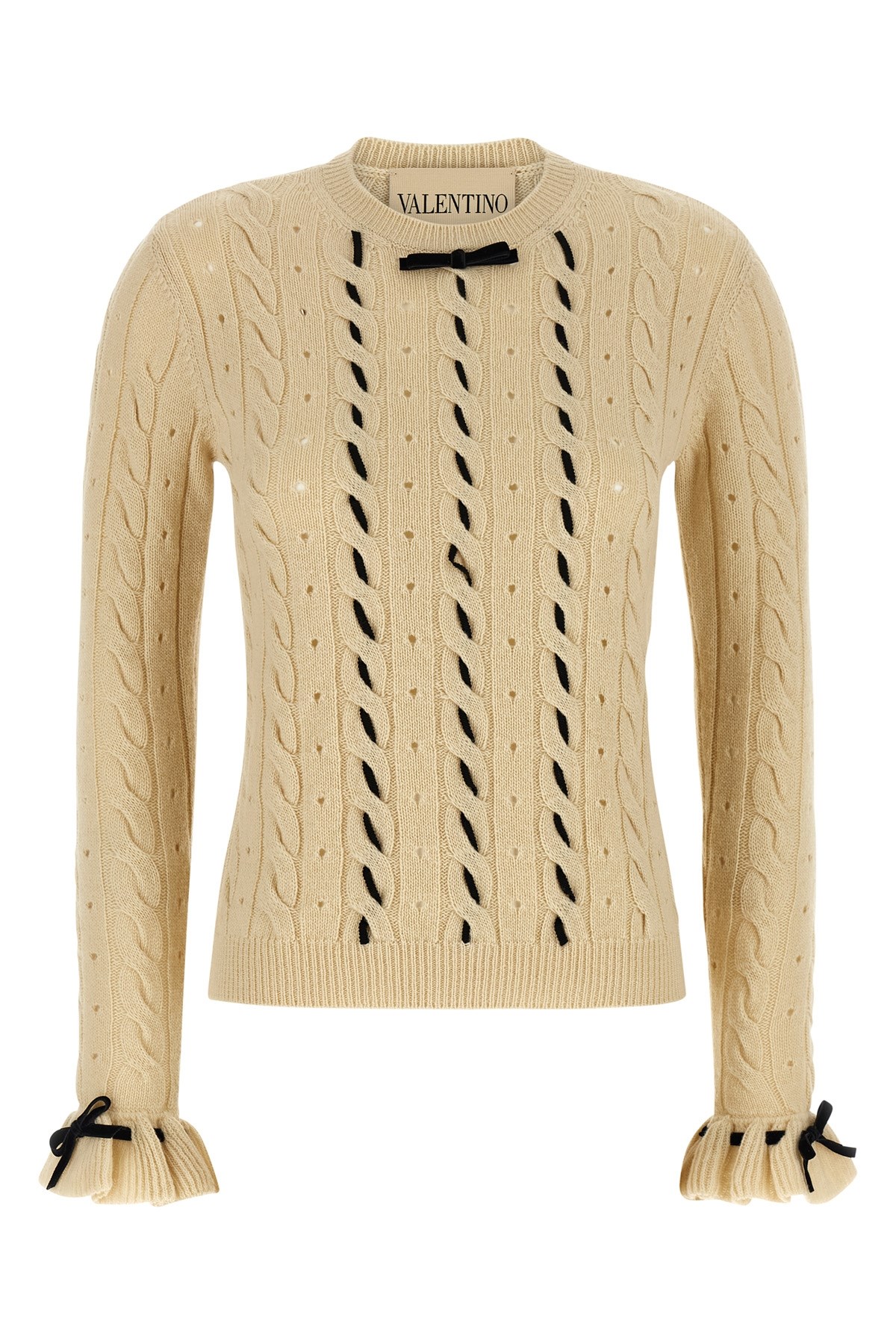 Valentino Wool Sweater With Bow Detail And Cable Knit Pattern In White
