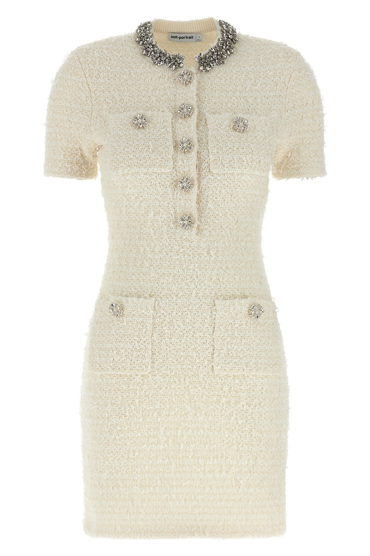 Self-portrait Mini Dress With Knit Tweed Texture And Crystal Accents In White